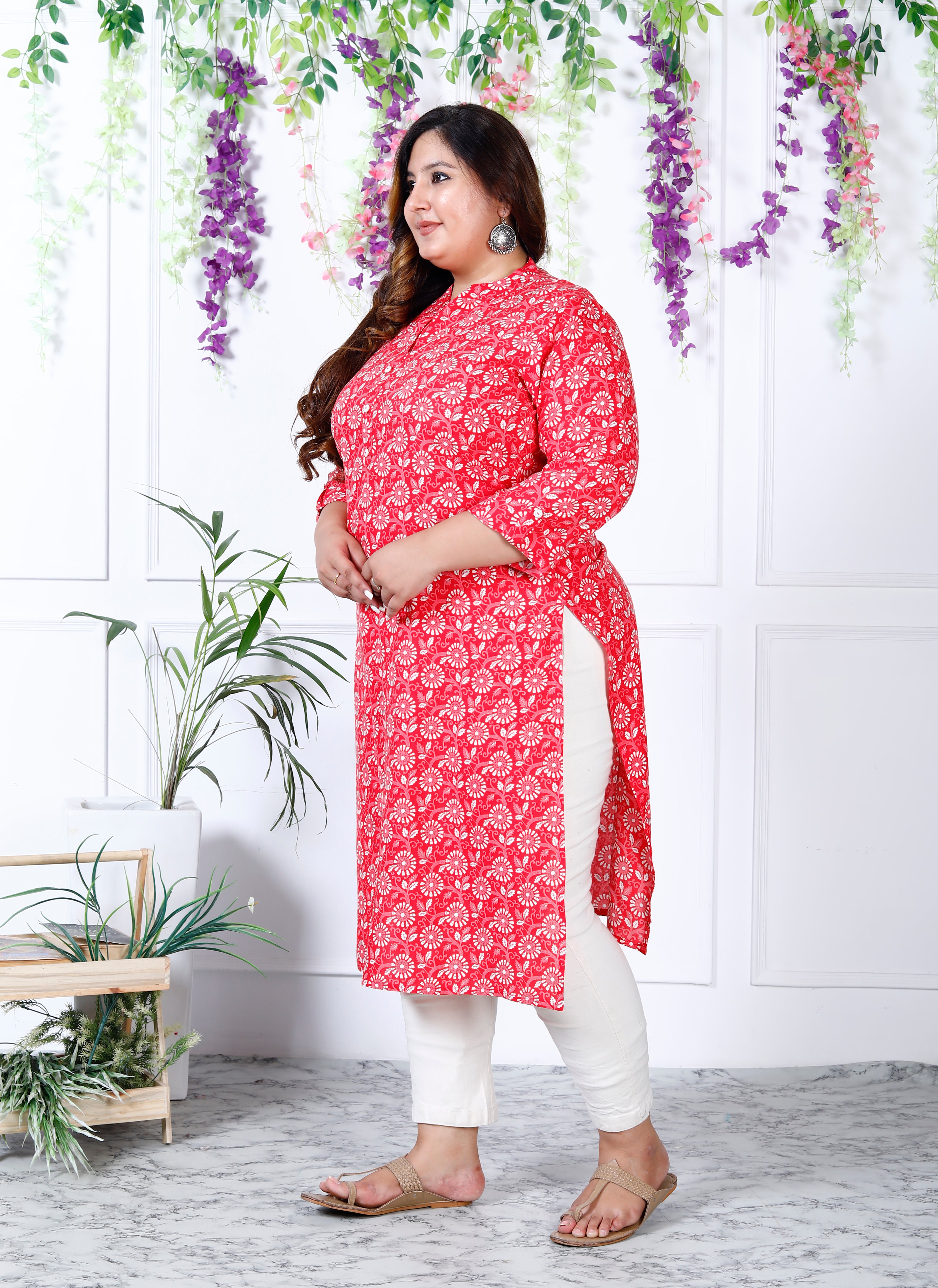 Women Printed Cotton Blend Straight Kurta (100001-Pink)