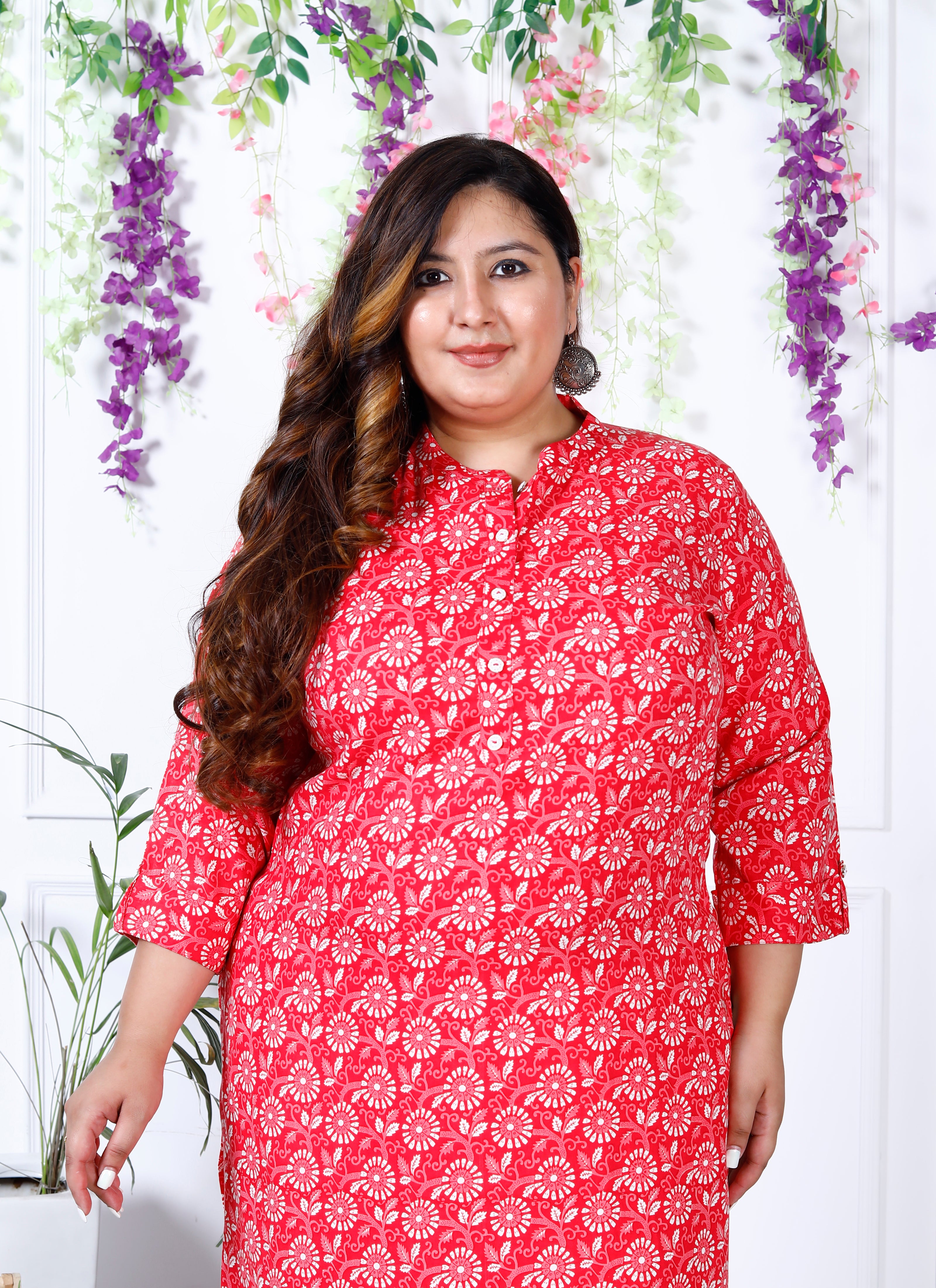 Women Printed Cotton Blend Straight Kurta (100001-Pink)