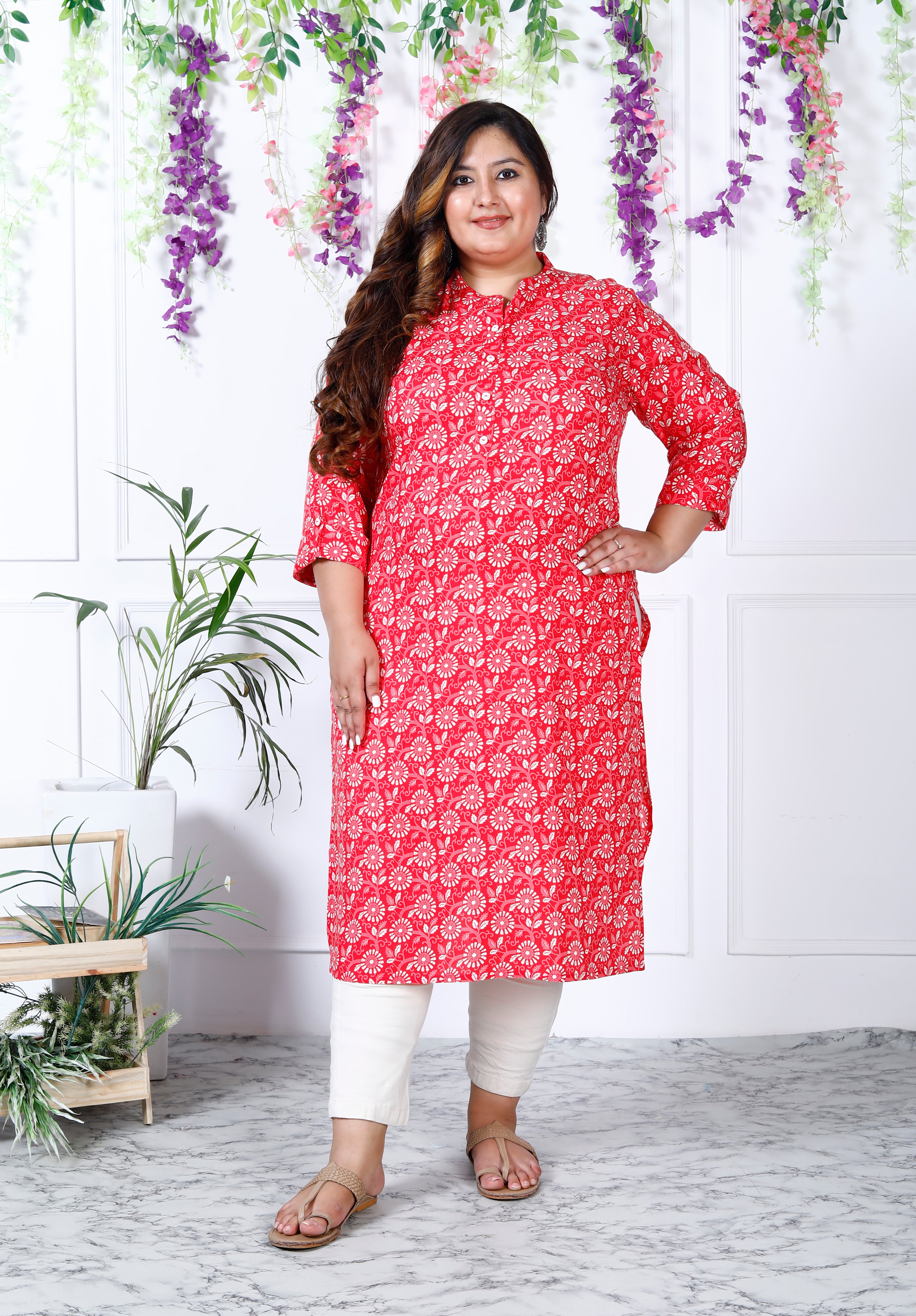 Women Printed Cotton Blend Straight Kurta (100001-Pink)