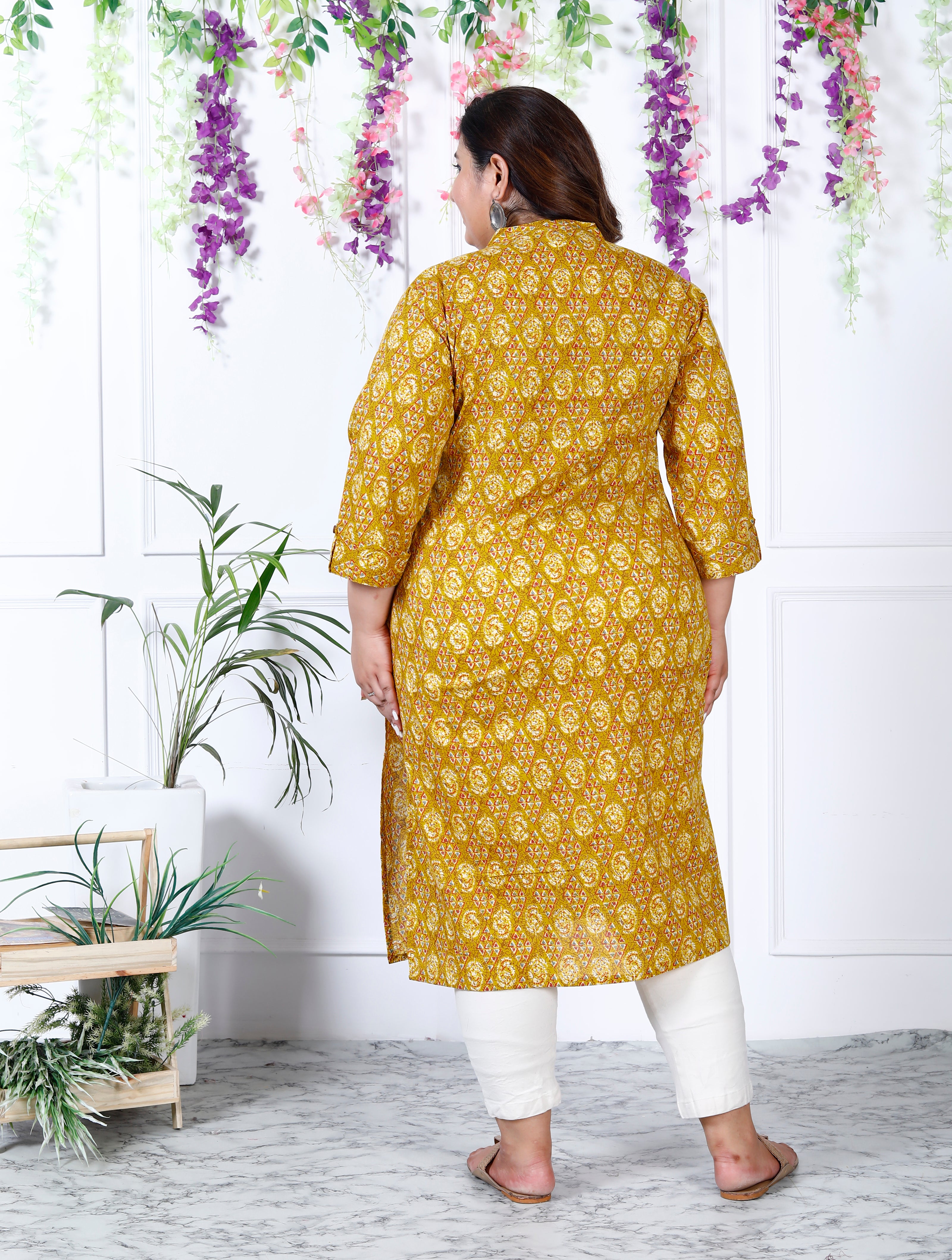 Women Printed Pure Cotton A-line Kurta (100002-Mustard)