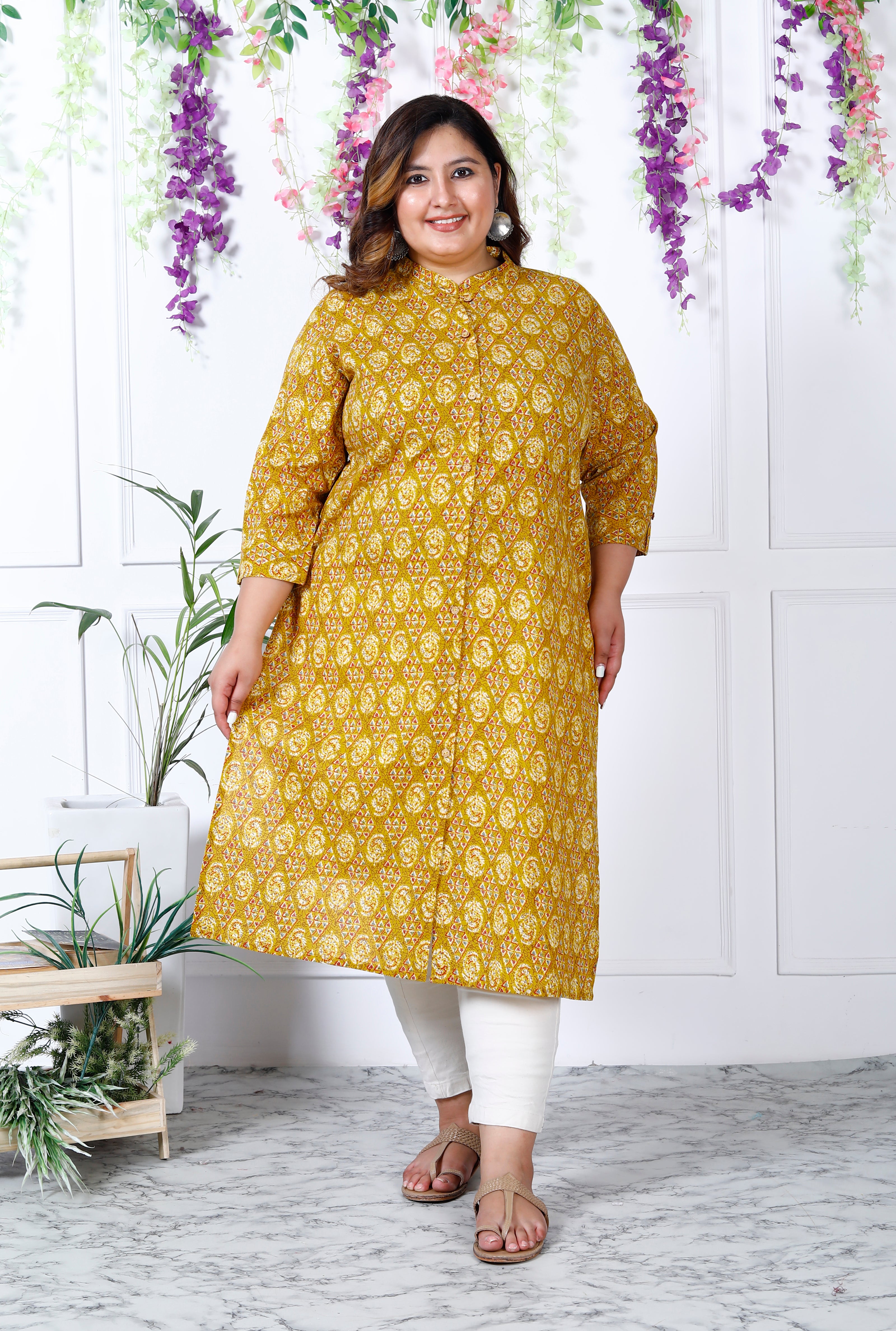 Women Printed Pure Cotton A-line Kurta (100002-Mustard)