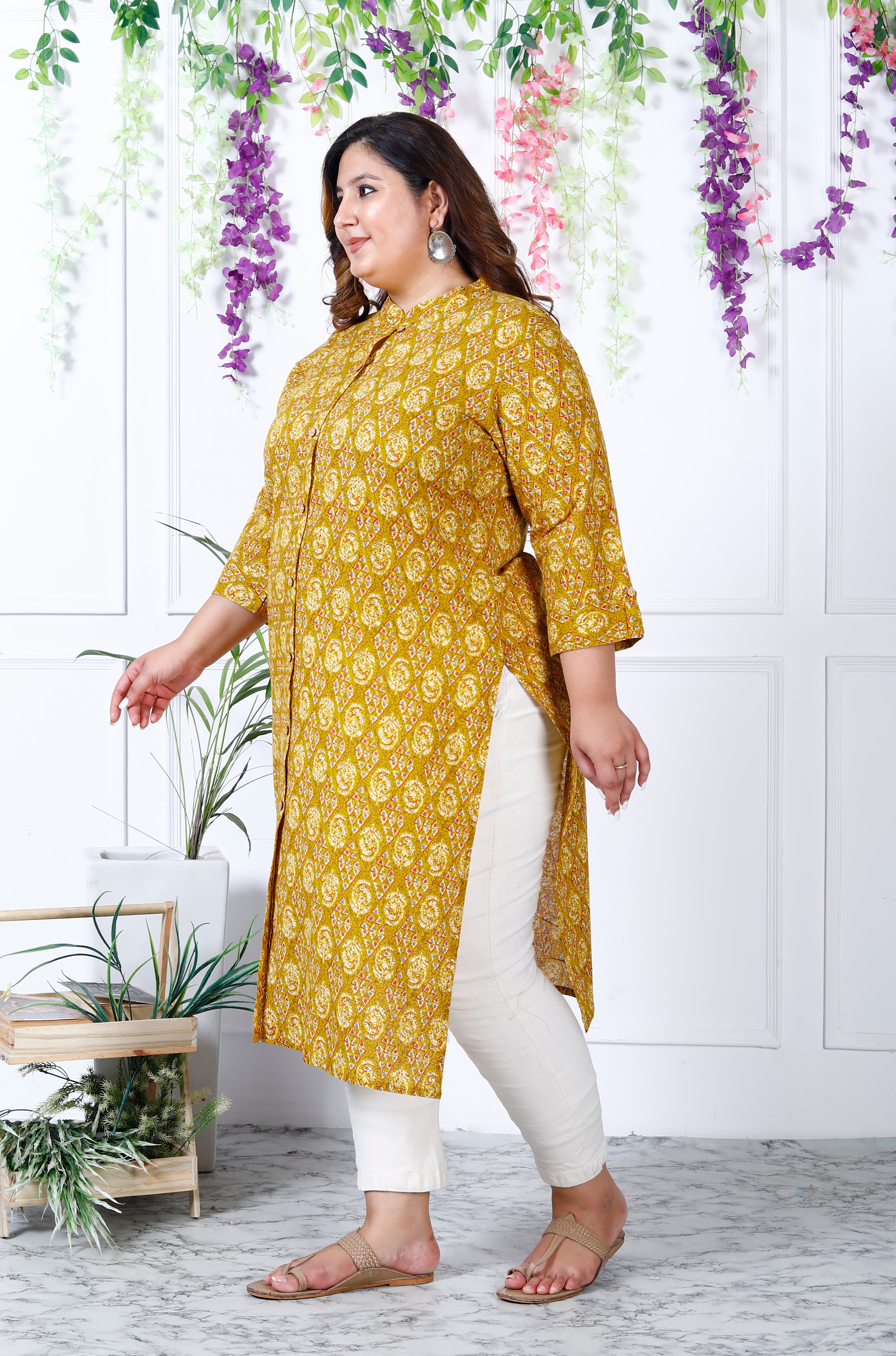 Women Printed Pure Cotton A-line Kurta (100002-Mustard)