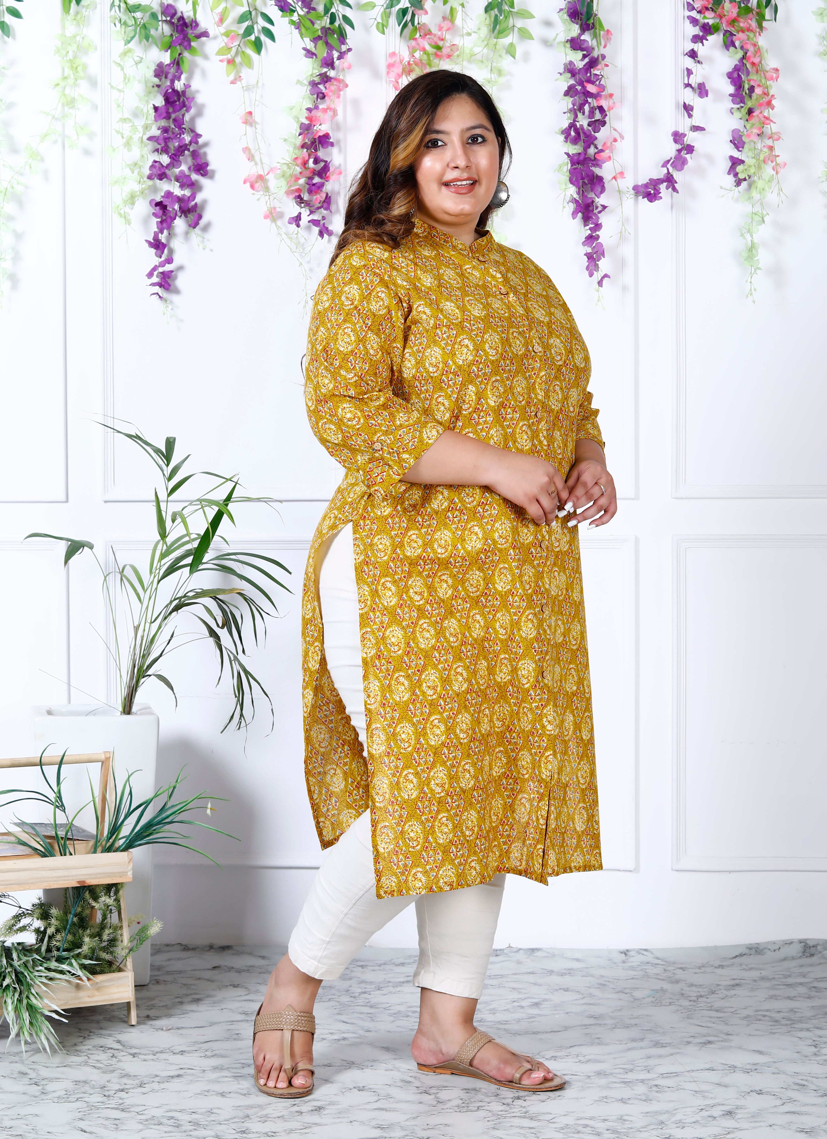 Women Printed Pure Cotton A-line Kurta (100002-Mustard)