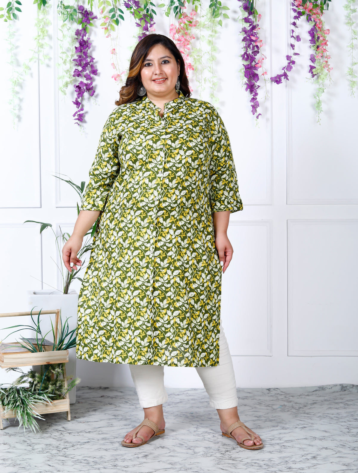 Women Printed Cotton Blend A-line Kurta (100003-Green)