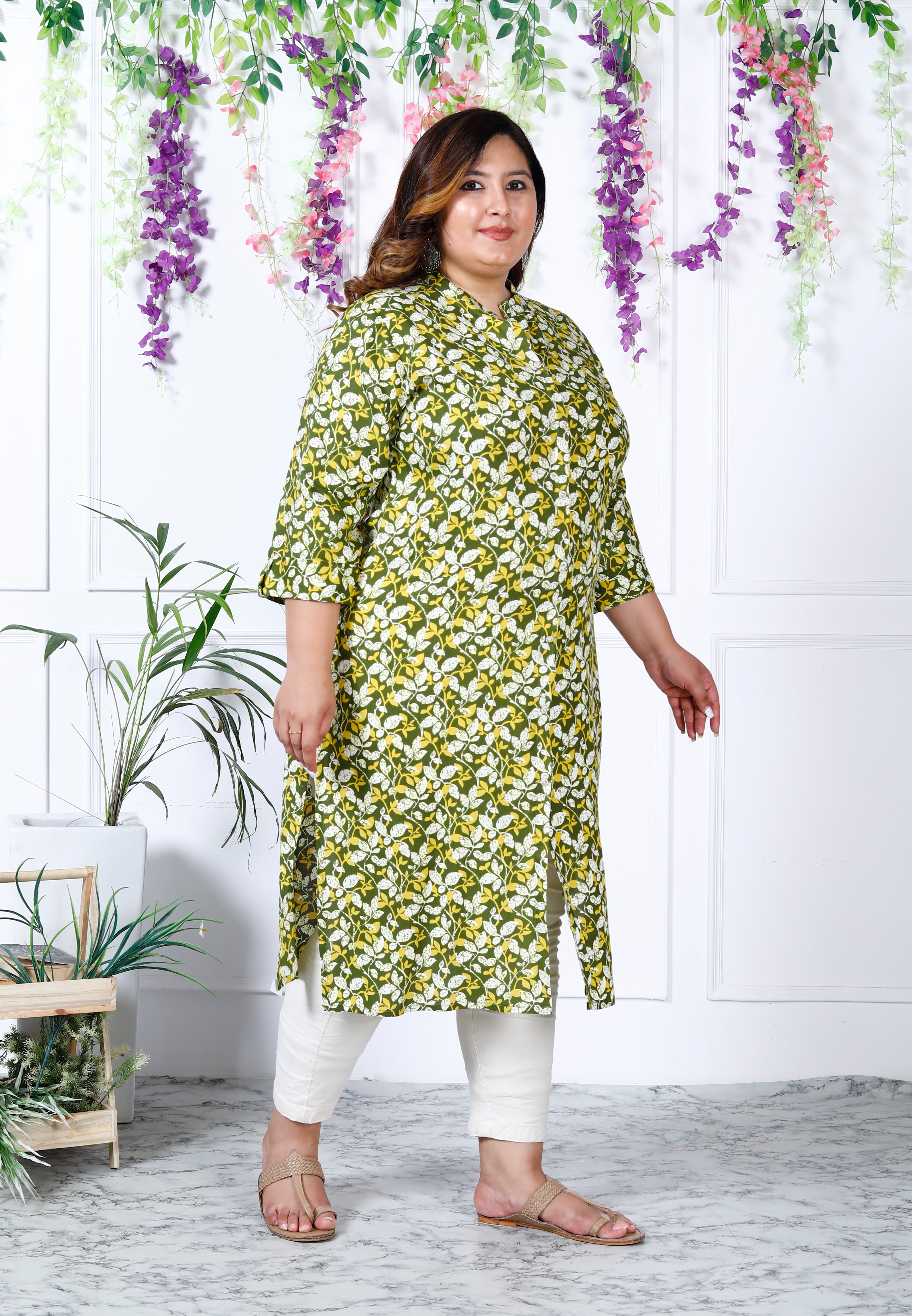 Women Printed Cotton Blend A-line Kurta (100003-Green)