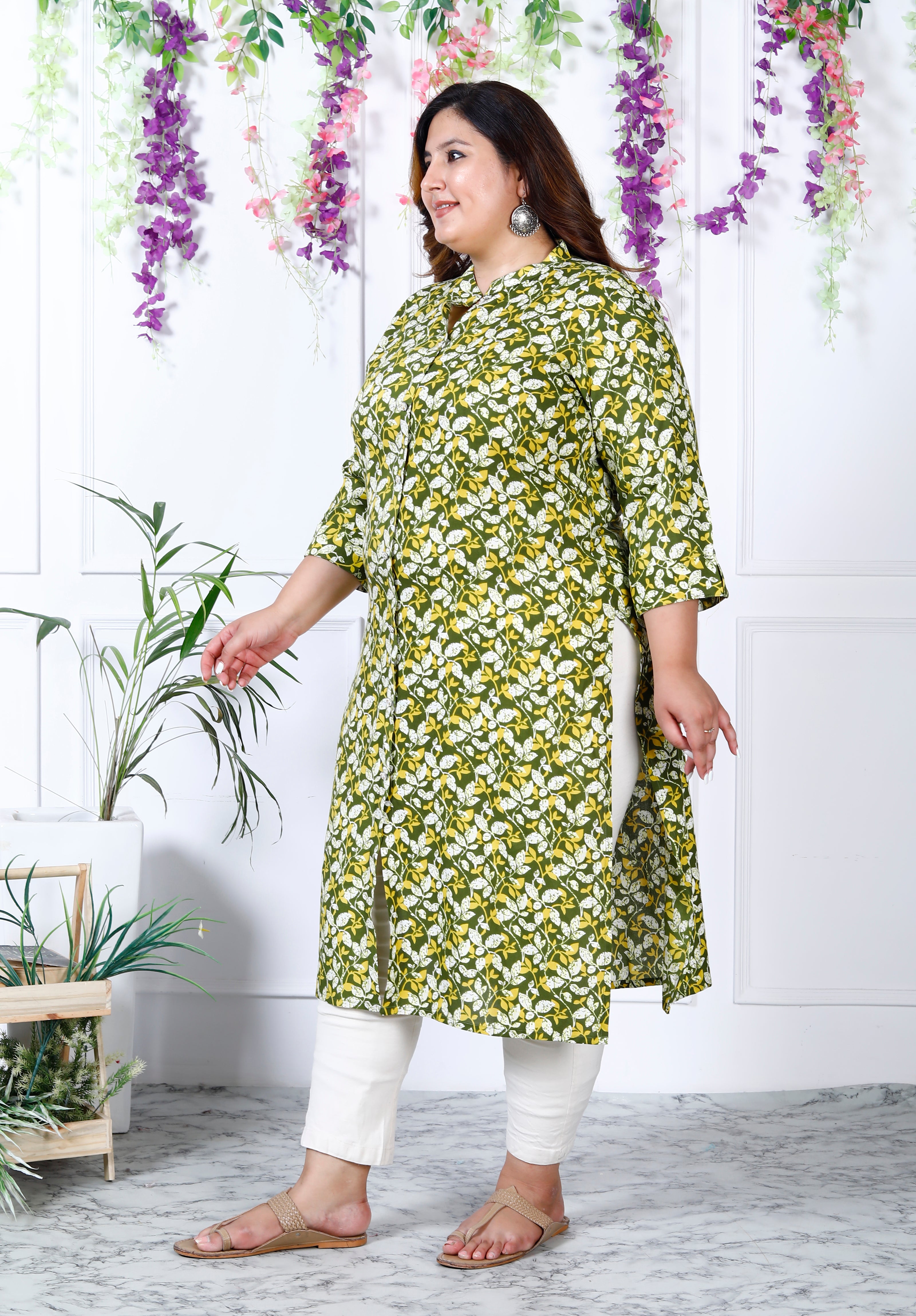 Women Printed Cotton Blend A-line Kurta (100003-Green)