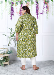 Women Printed Cotton Blend A-line Kurta (100003-Green)