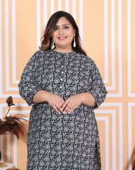 Women Printed Cotton Blend Straight Kurta (100004-Black)