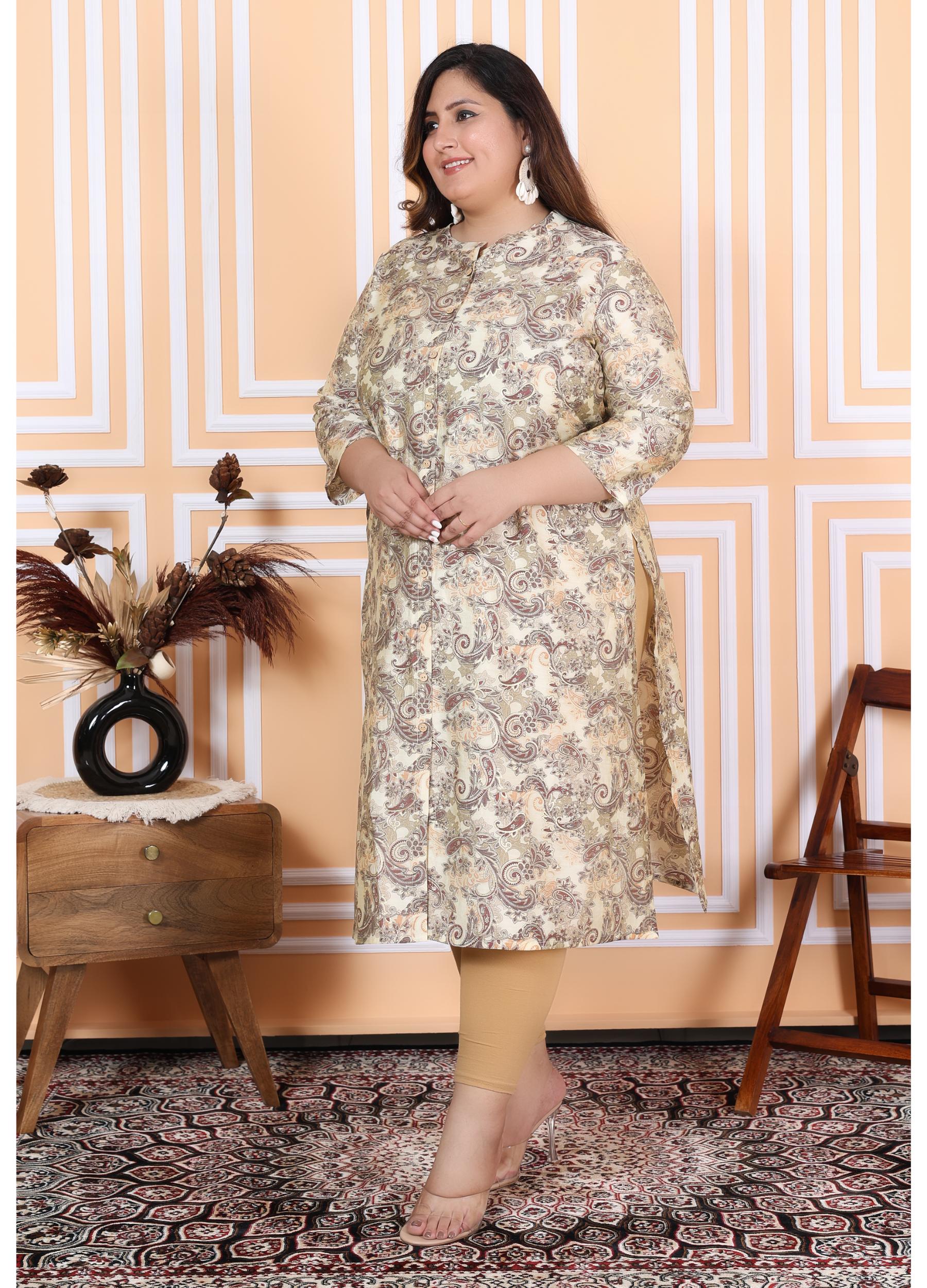 Women Printed Muslin A-line Kurta (100006-Beige)