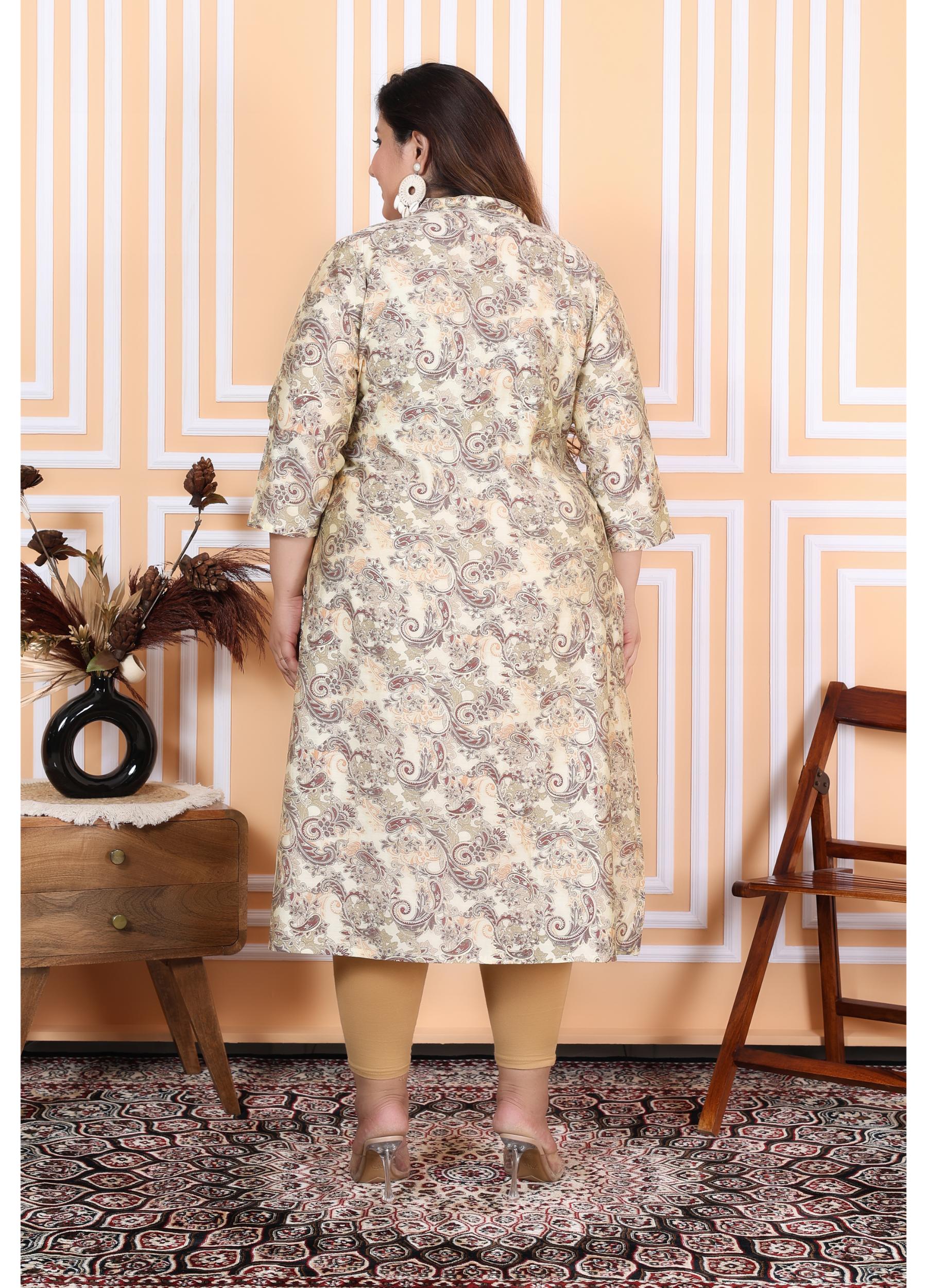 Women Printed Muslin A-line Kurta (100006-Beige)