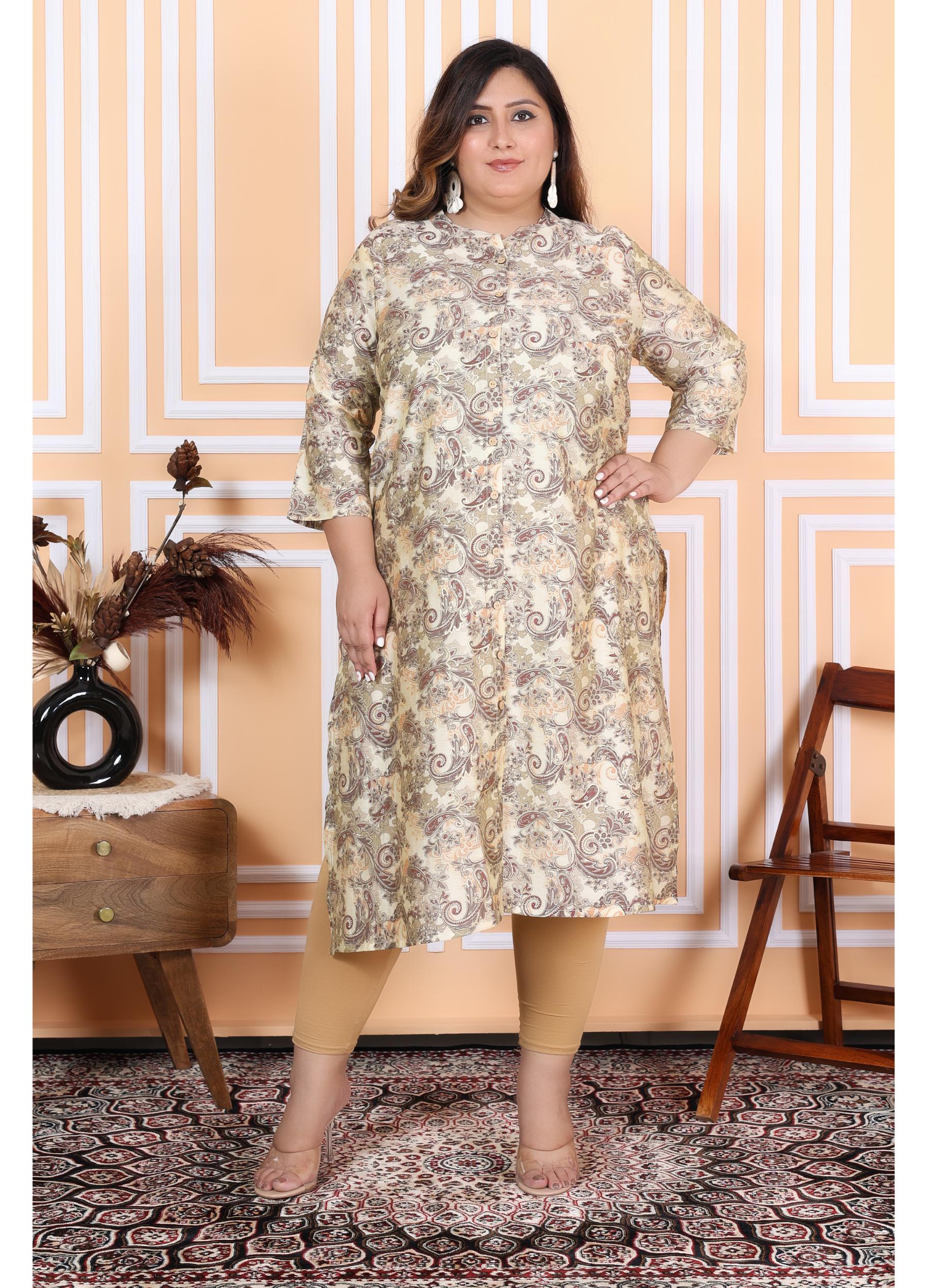 Women Printed Muslin A-line Kurta (100006-Beige)