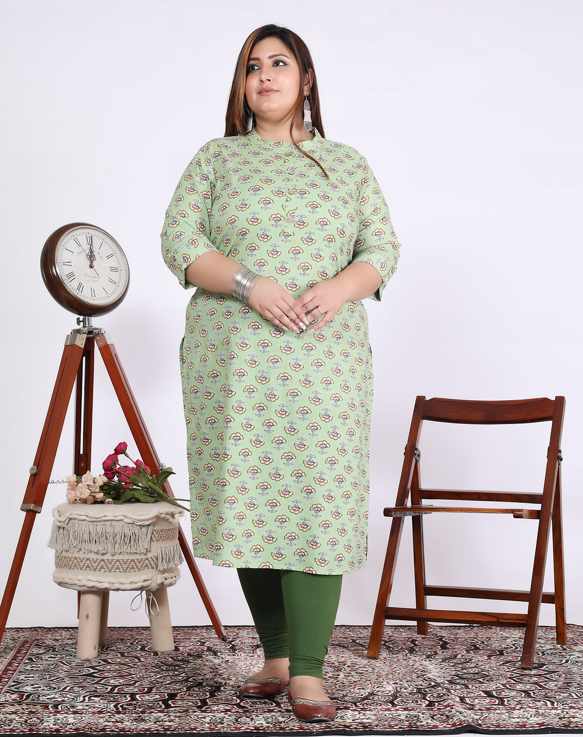 Women Printed Cotton Blend Straight Kurta (100015-Green)