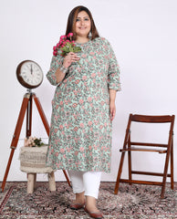 Women Printed Cotton A-line Kurta (100016-Green)