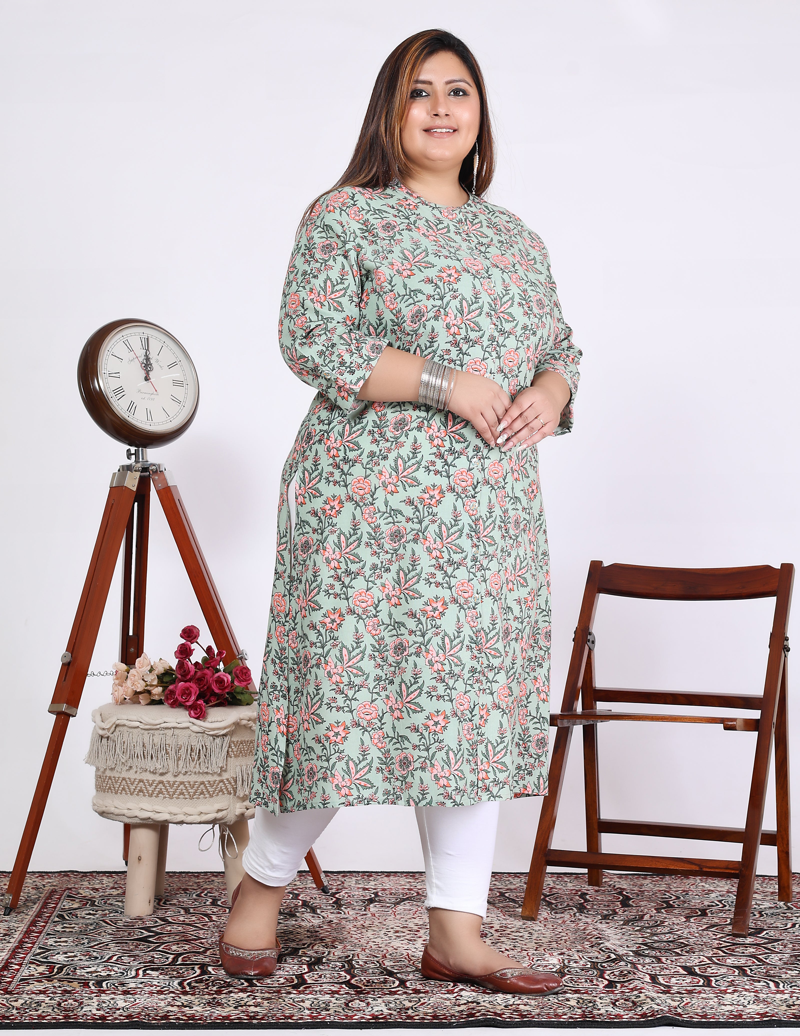 Women Printed Cotton A-line Kurta (100016-Green)