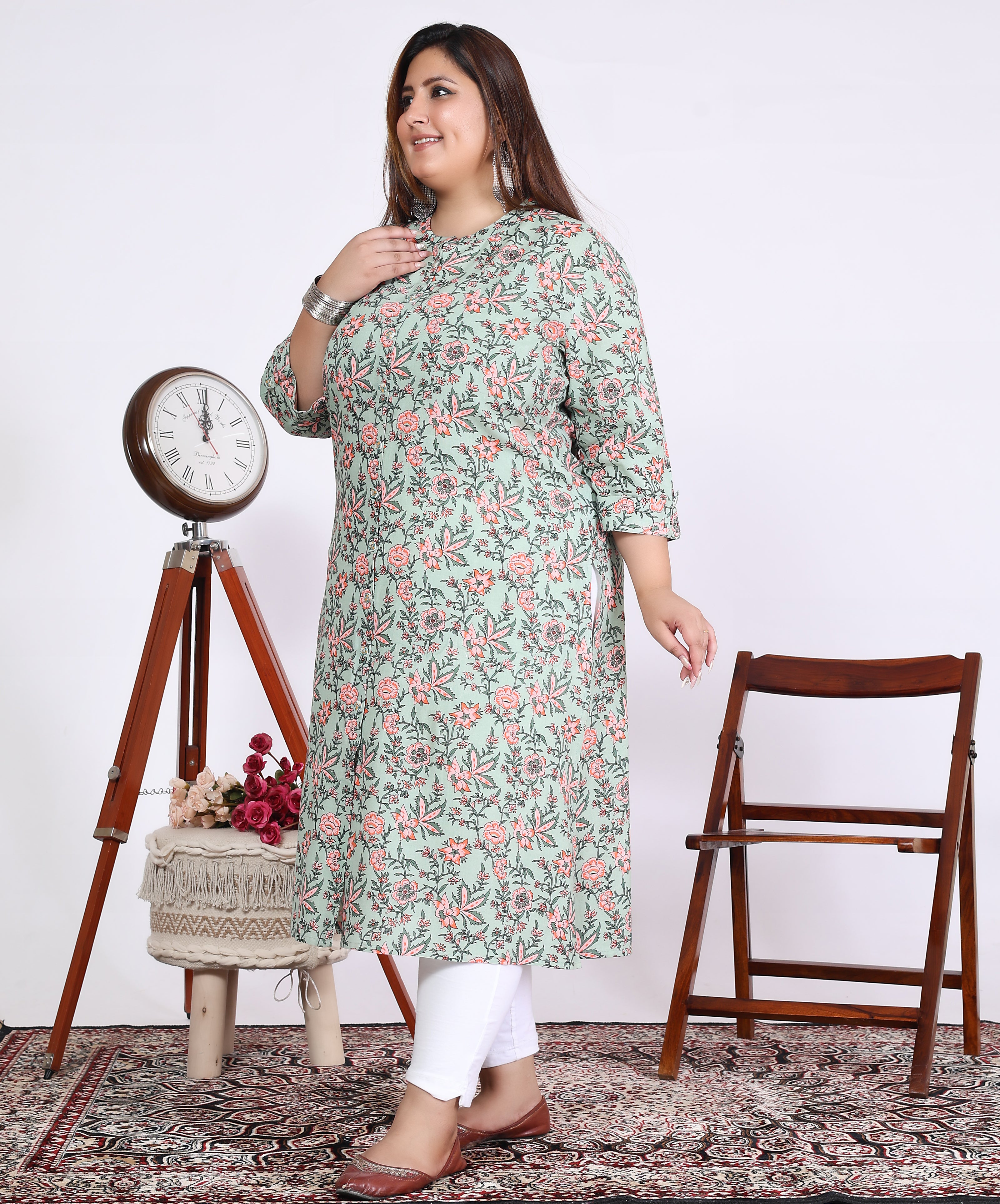 Women Printed Cotton A-line Kurta (100016-Green)