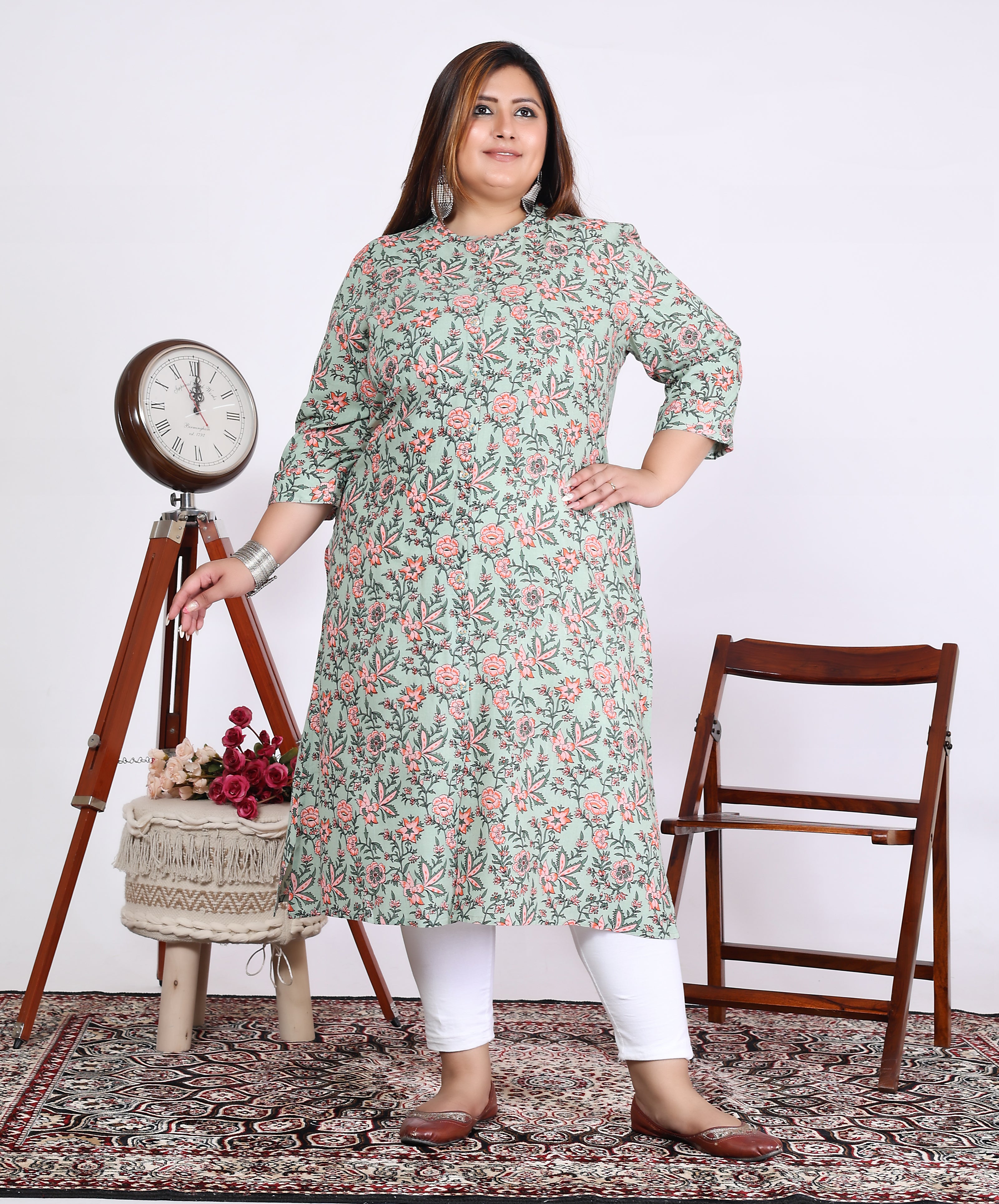 Women Printed Cotton A-line Kurta (100016-Green)