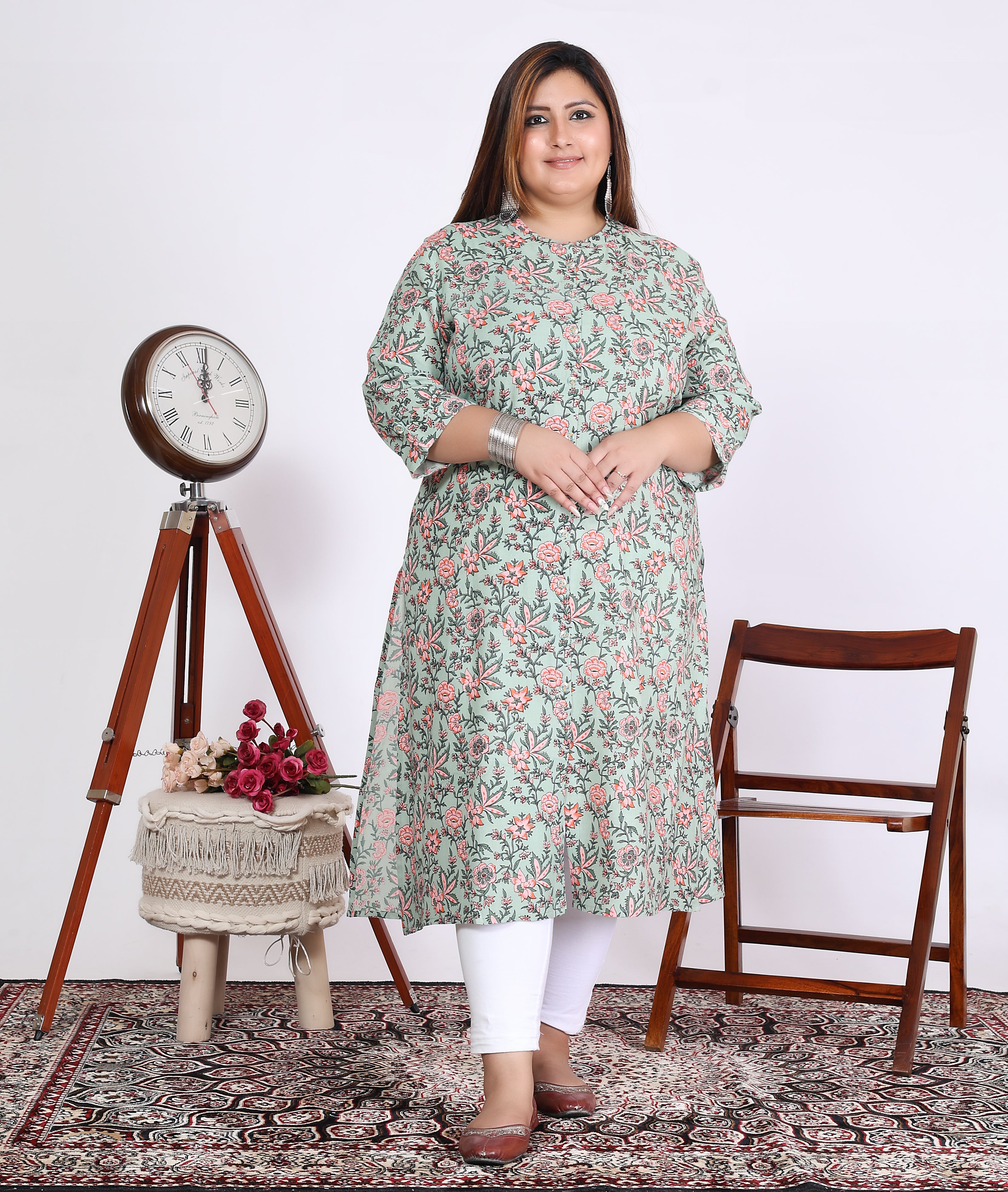 Women Printed Cotton A-line Kurta (100016-Green)