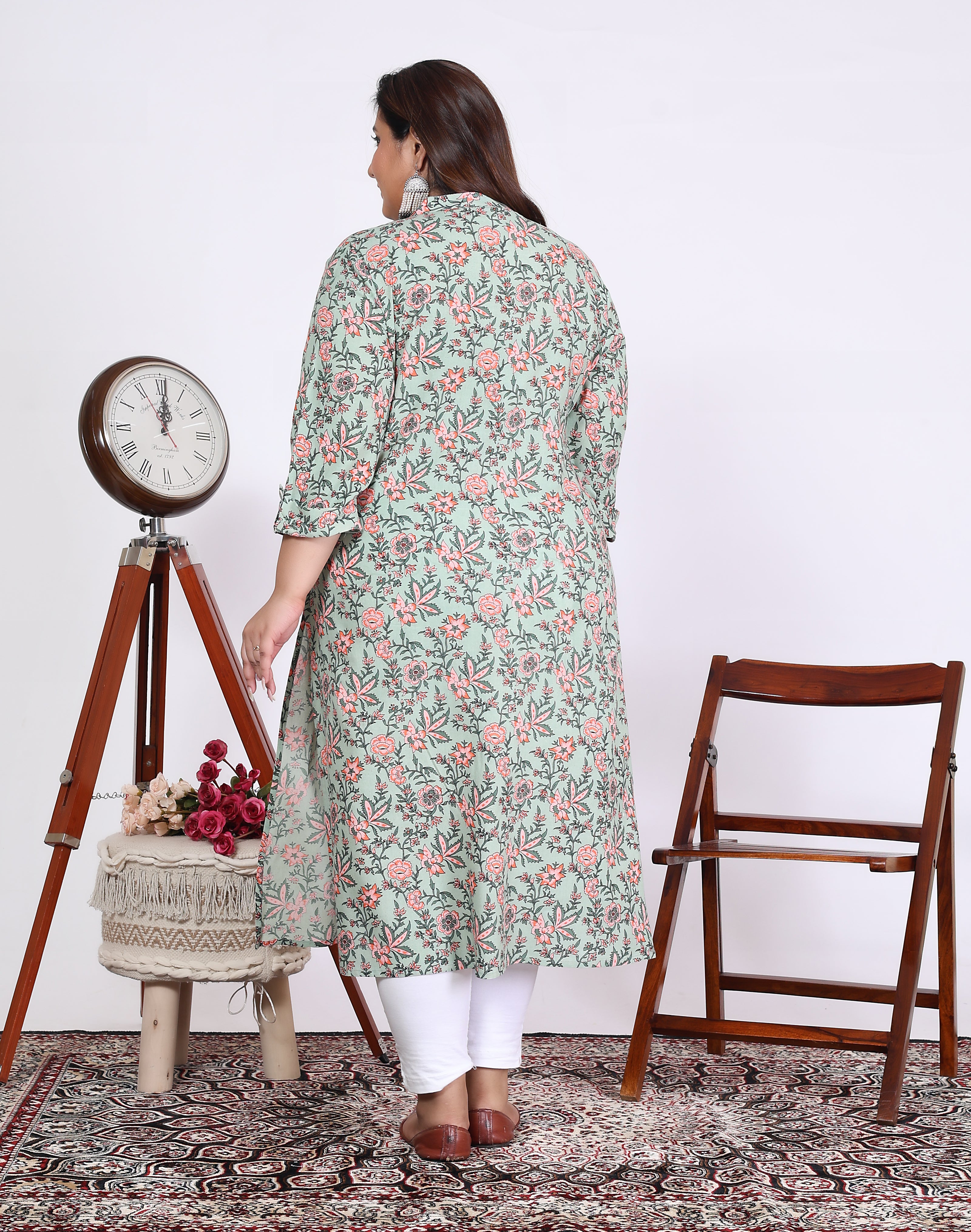 Women Printed Cotton A-line Kurta (100016-Green)