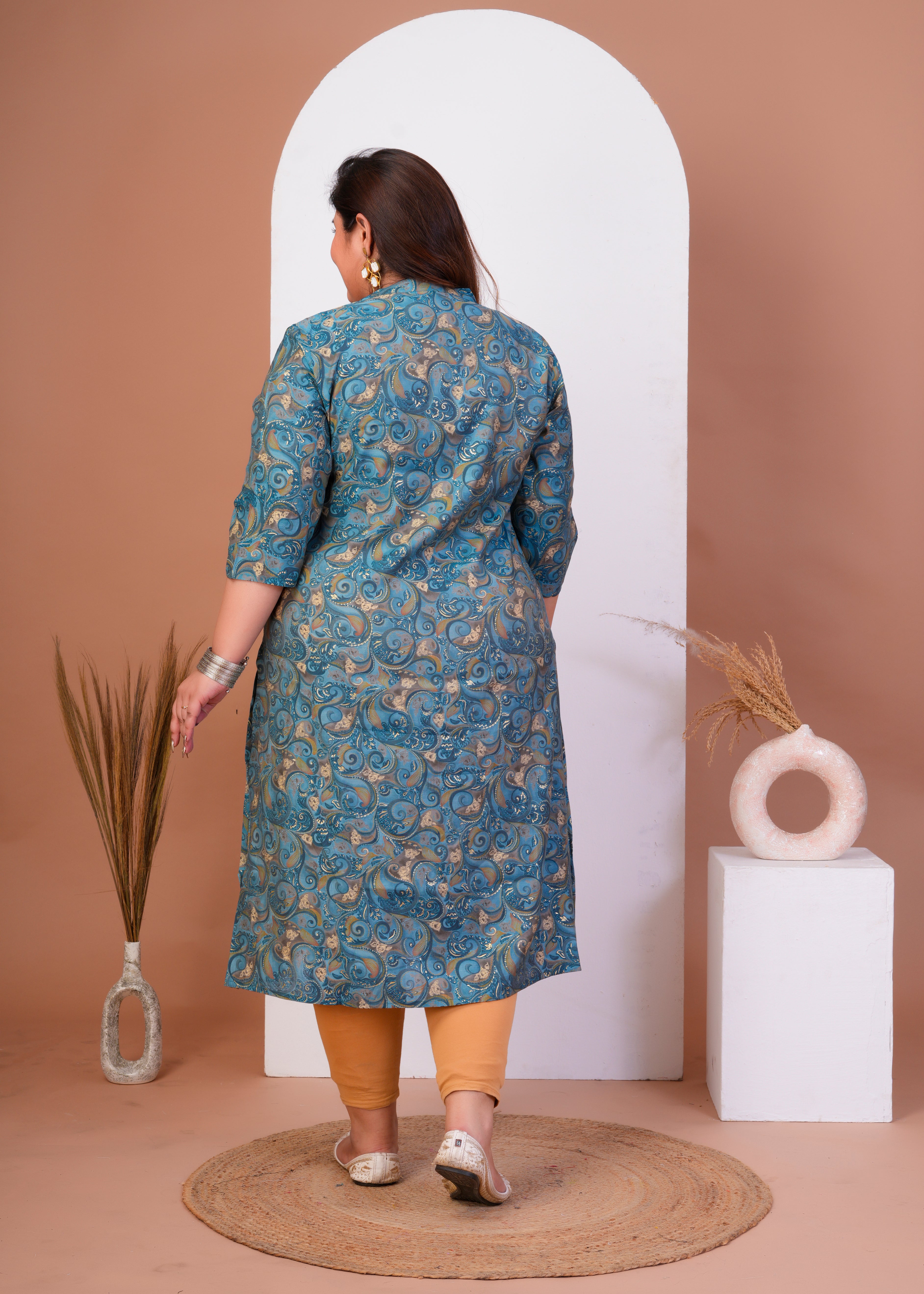 Women Plus Size Printed Muslin A-line Kurta (100017-Blue)