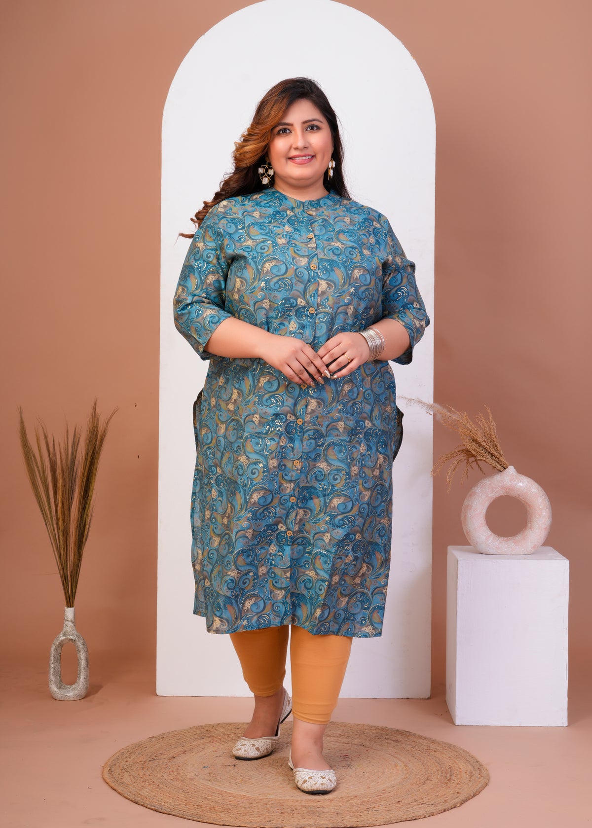 Women Plus Size Printed Muslin A-line Kurta (100017-Blue)