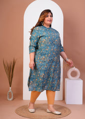 Women Plus Size Printed Muslin A-line Kurta (100017-Blue)