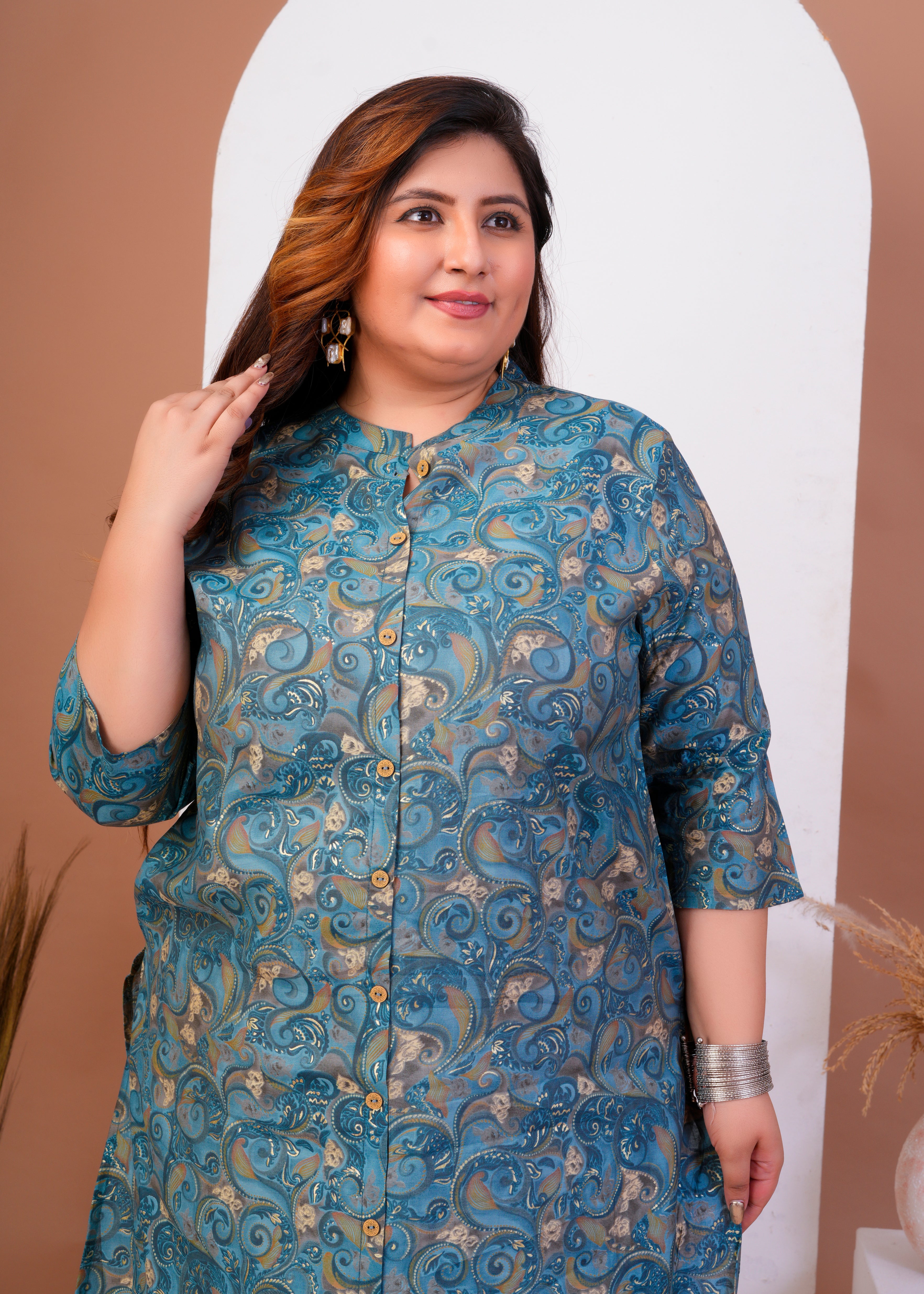 Women Plus Size Printed Muslin A-line Kurta (100017-Blue)