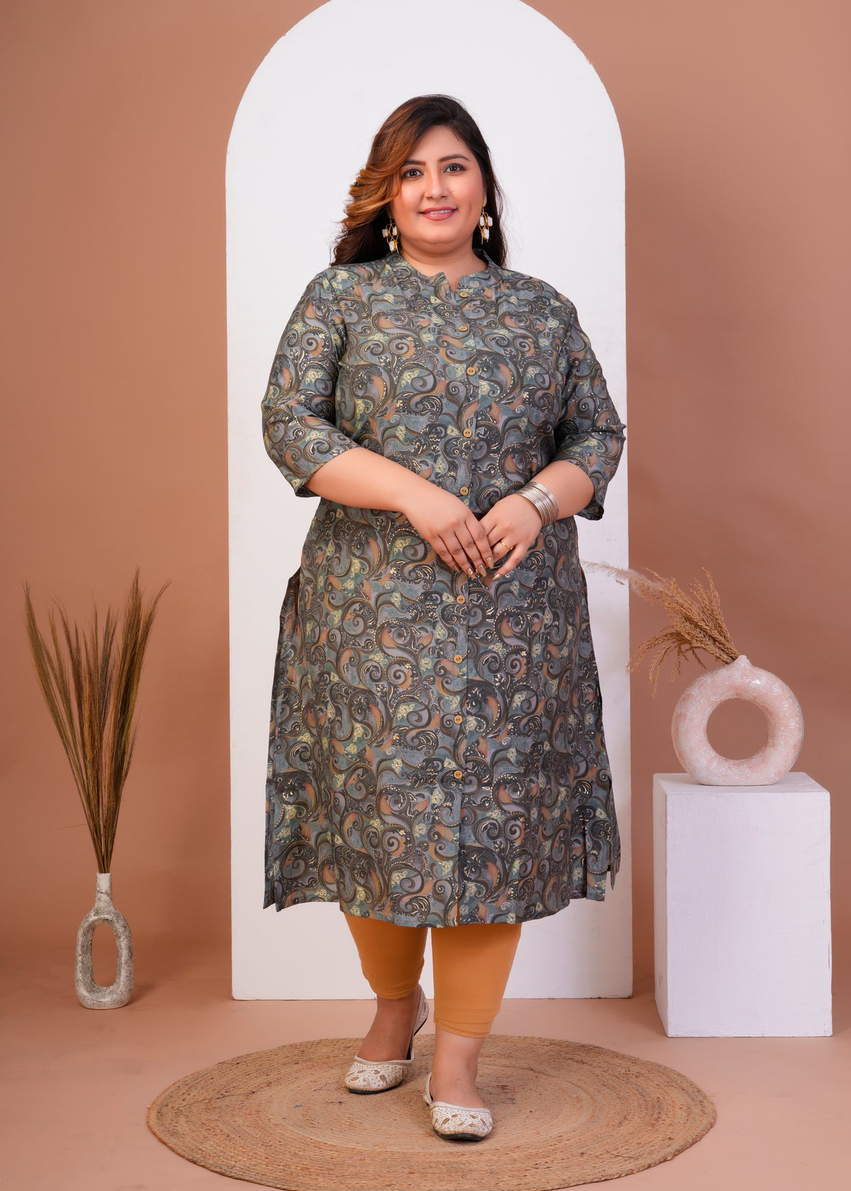 Women Plus Size Printed Muslin A-line Kurta (100018-Grey)