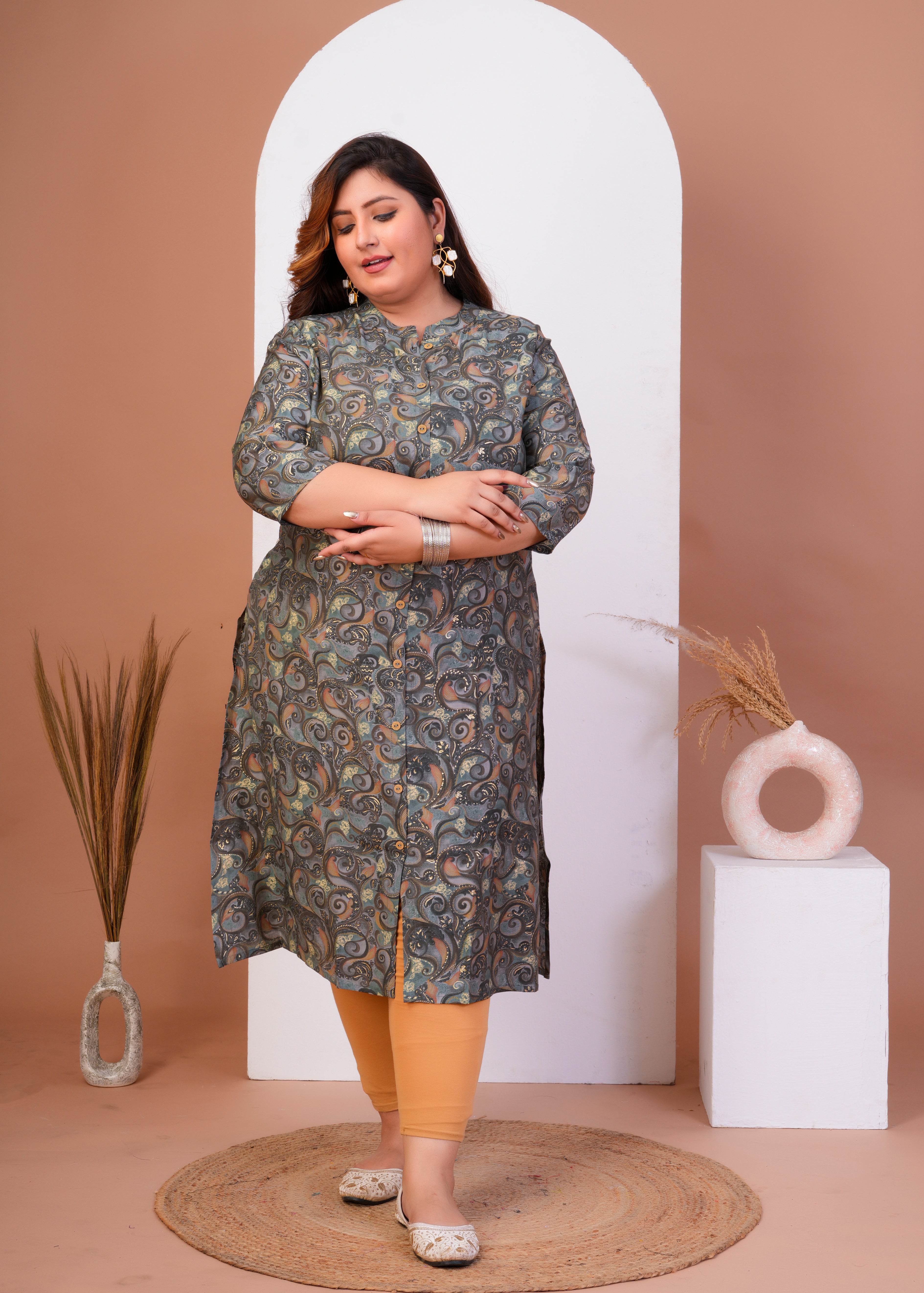 Women Plus Size Printed Muslin A-line Kurta (100018-Grey)