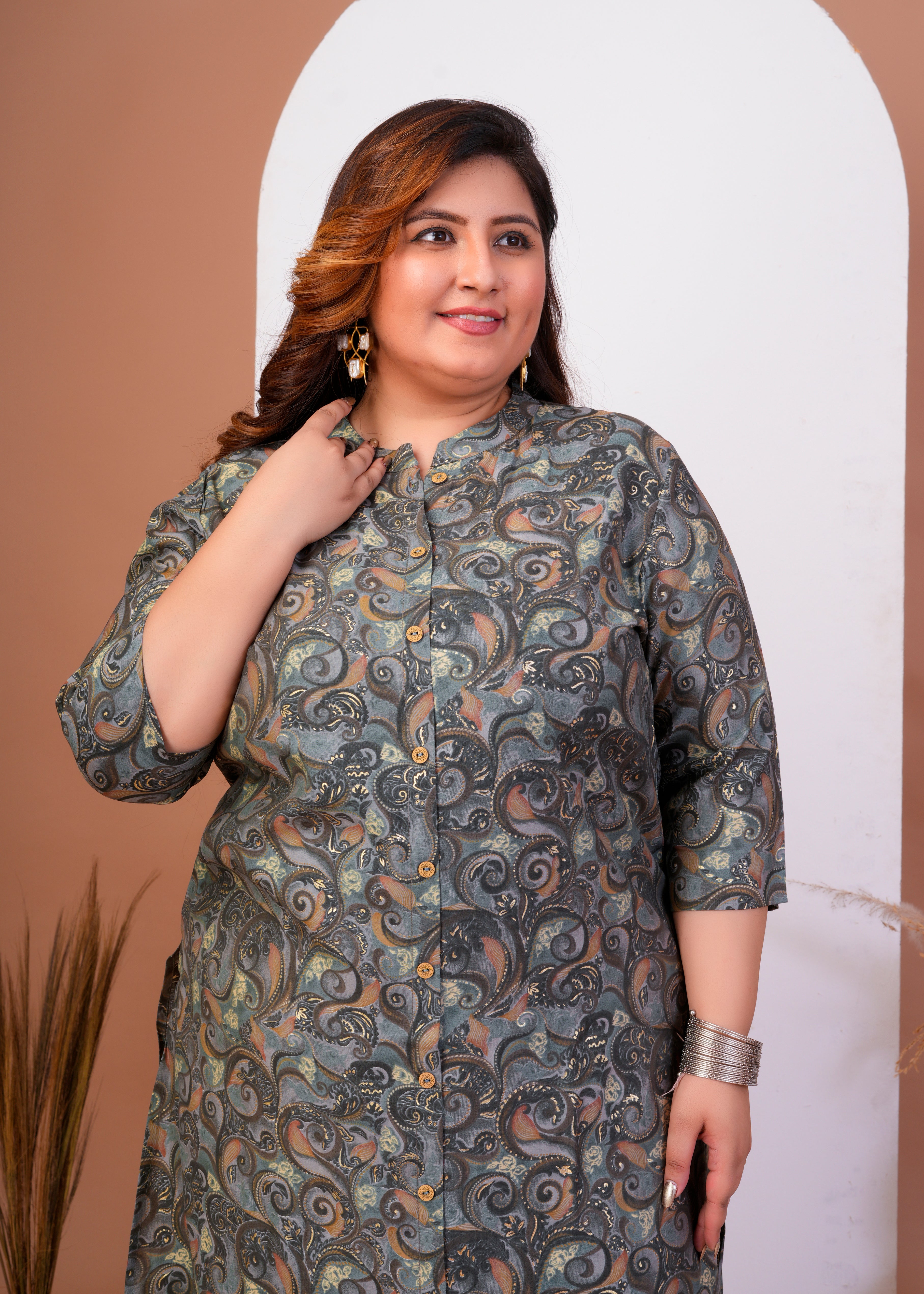 Women Plus Size Printed Muslin A-line Kurta (100018-Grey)