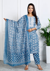 Blue Cotton Printed Embroidered Kurta Pant Set with Dupatta