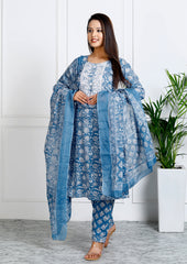 Blue Cotton Printed Embroidered Kurta Pant Set with Dupatta