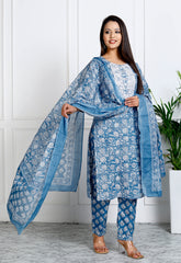 Blue Cotton Printed Embroidered Kurta Pant Set with Dupatta