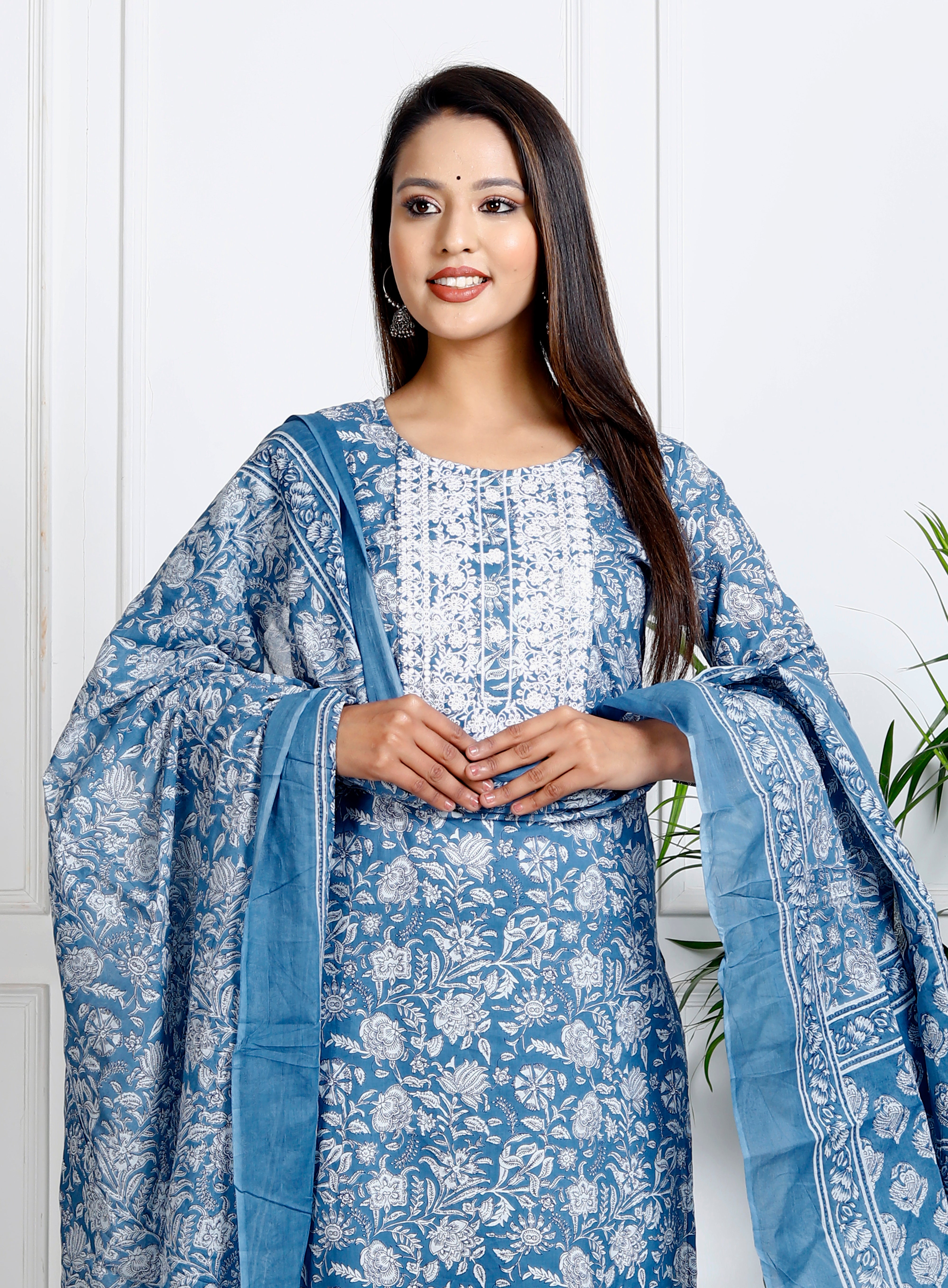 Blue Cotton Printed Embroidered Kurta Pant Set with Dupatta