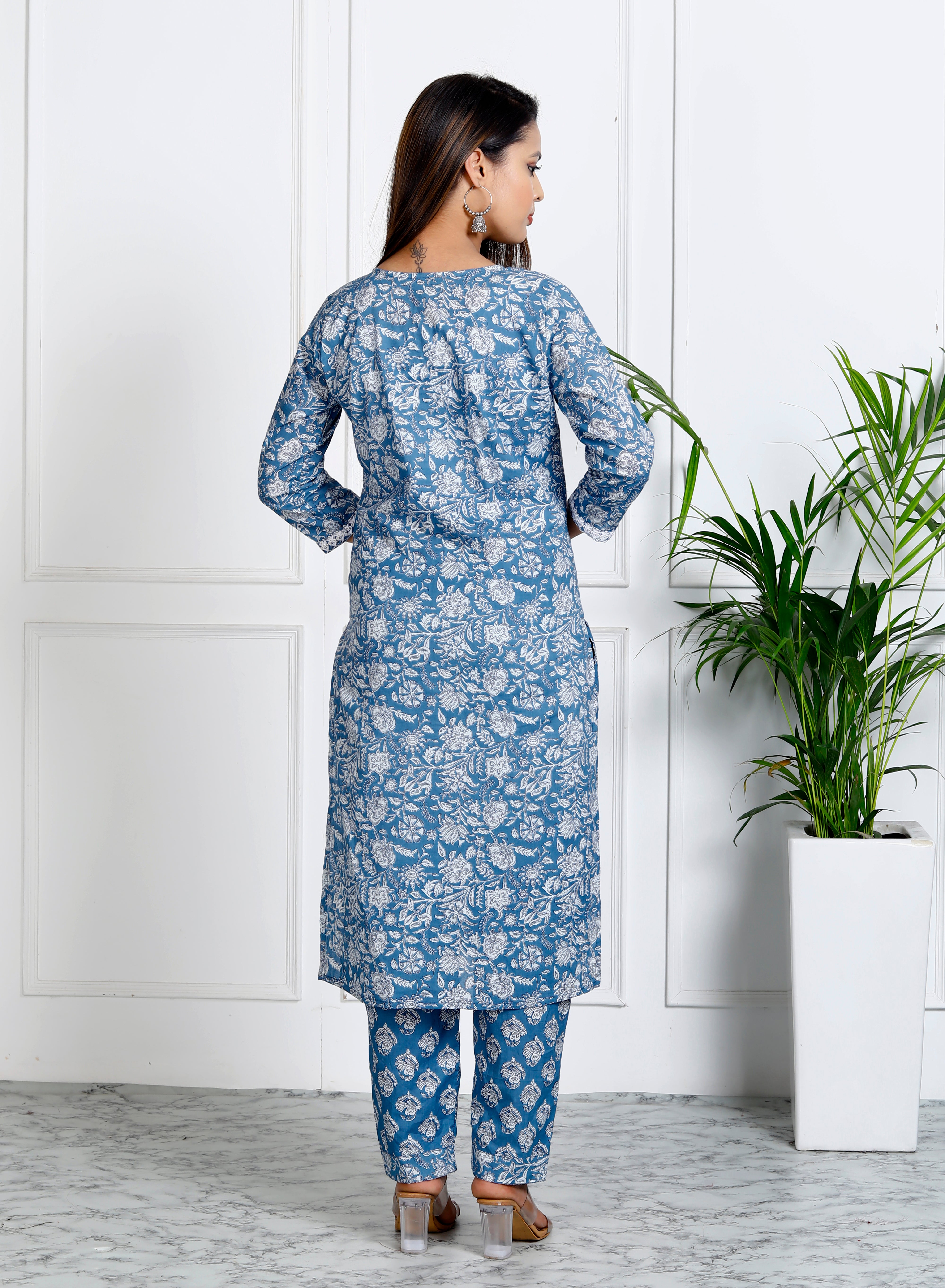 Blue Cotton Printed Embroidered Kurta Pant Set with Dupatta