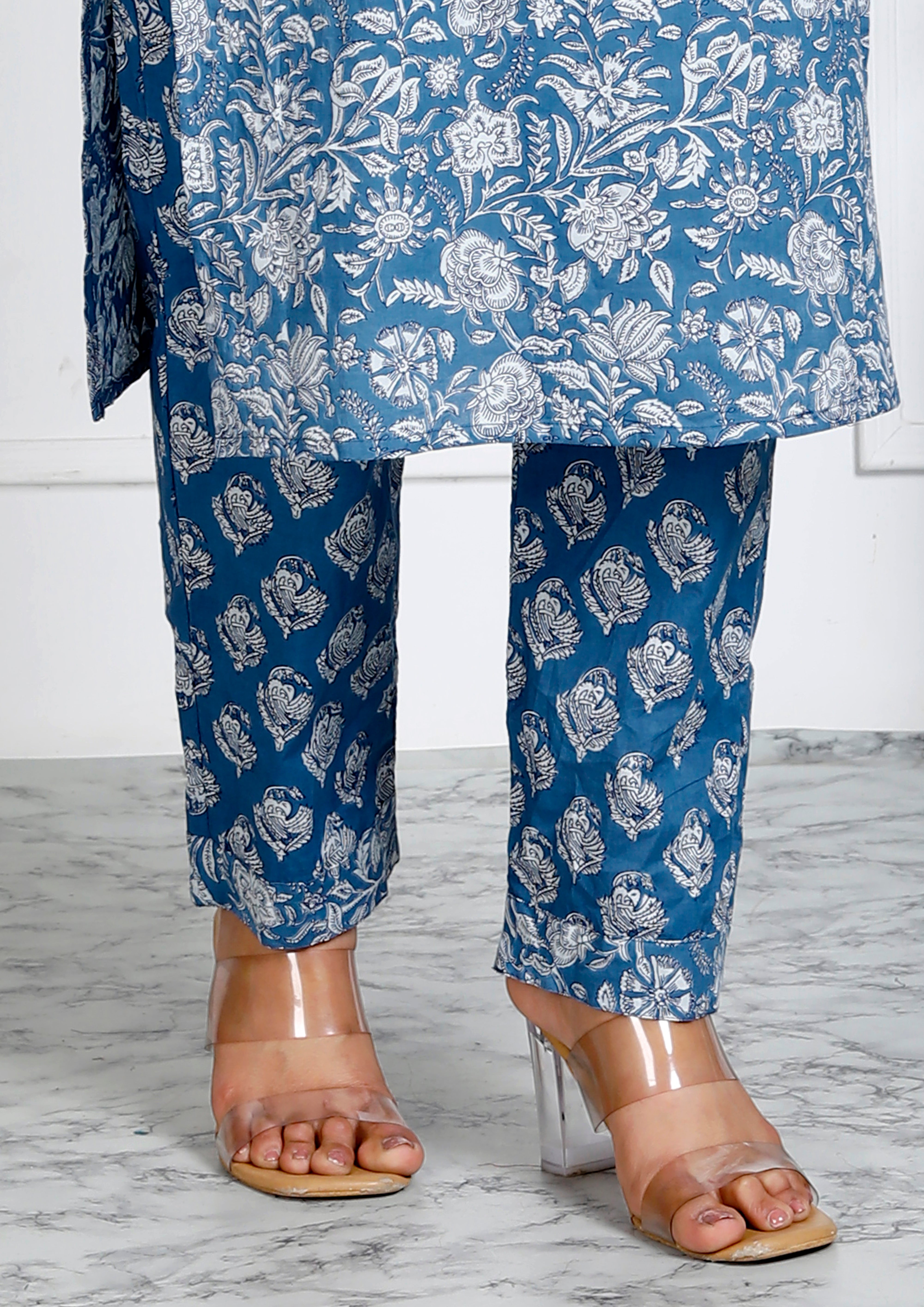 Blue Cotton Printed Embroidered Kurta Pant Set with Dupatta