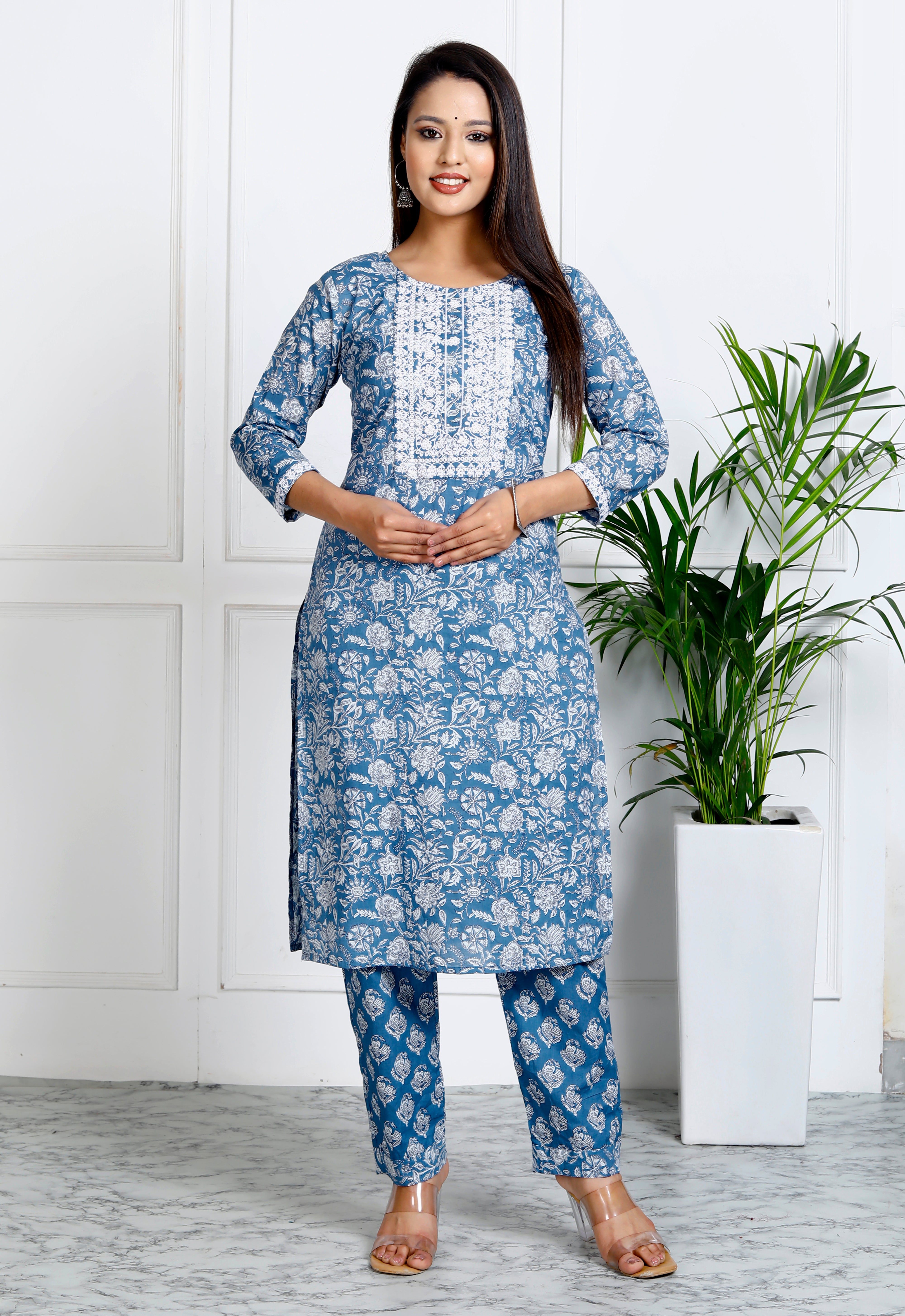 Blue Cotton Printed Embroidered Kurta Pant Set with Dupatta