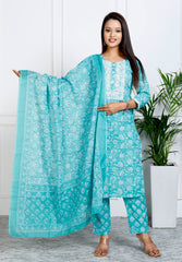 Rama Green Cotton Printed Embroidered Kurta Pant Set with Dupatta-1108