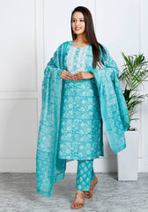 Rama Green Cotton Printed Embroidered Kurta Pant Set with Dupatta-1108