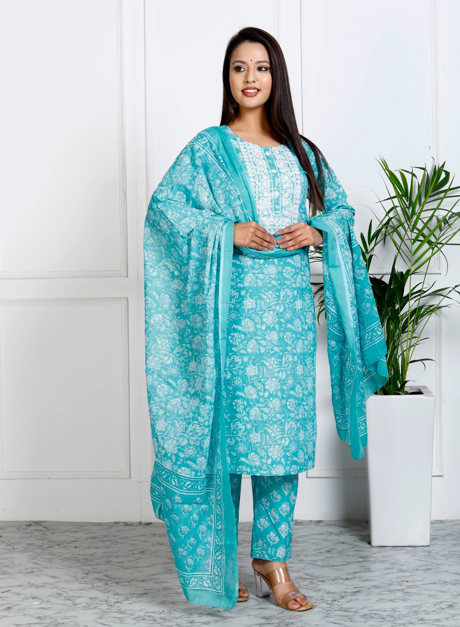 Rama Green Cotton Printed Embroidered Kurta Pant Set with Dupatta-1108