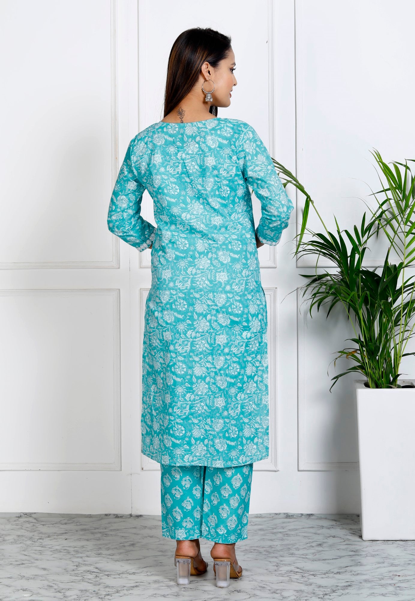 Rama Green Cotton Printed Embroidered Kurta Pant Set with Dupatta-1108