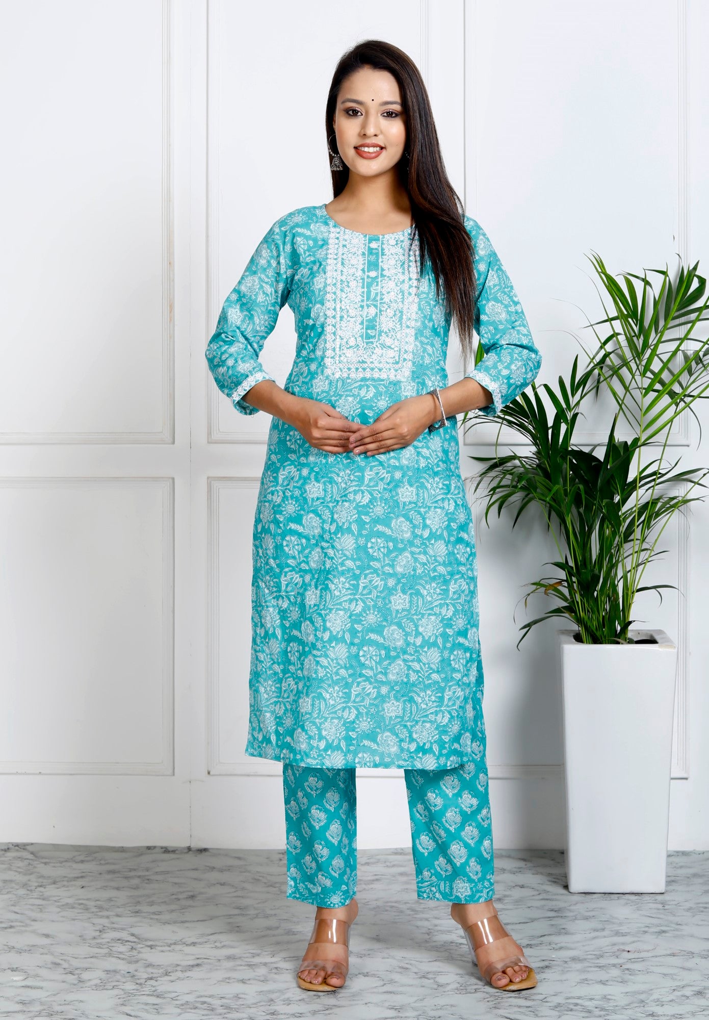 Rama Green Cotton Printed Embroidered Kurta Pant Set with Dupatta-1108