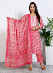 Pink Cotton Printed Embroidered Kurta Pant Set with Dupatta-1108