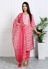 Pink Cotton Printed Embroidered Kurta Pant Set with Dupatta-1108