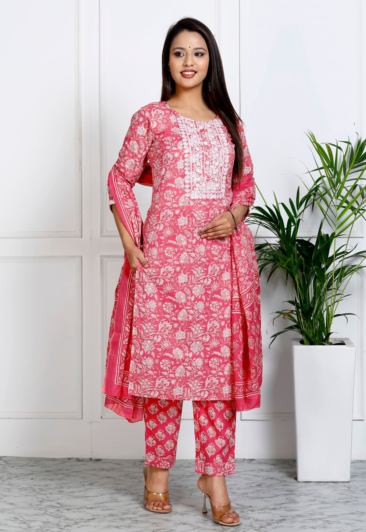 Pink Cotton Printed Embroidered Kurta Pant Set with Dupatta-1108