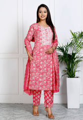 Pink Cotton Printed Embroidered Kurta Pant Set with Dupatta-1108