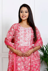 Pink Cotton Printed Embroidered Kurta Pant Set with Dupatta-1108