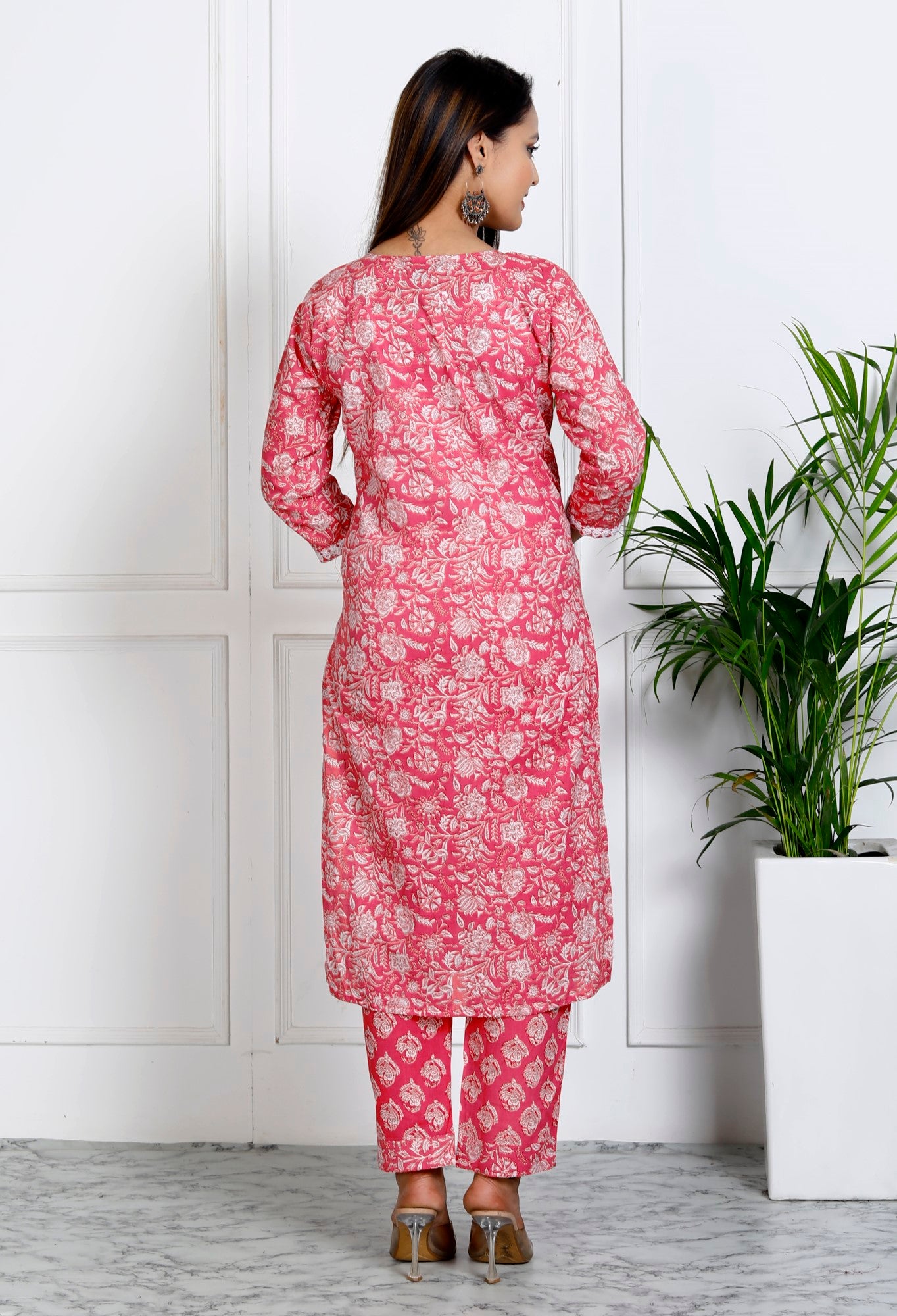 Pink Cotton Printed Embroidered Kurta Pant Set with Dupatta-1108