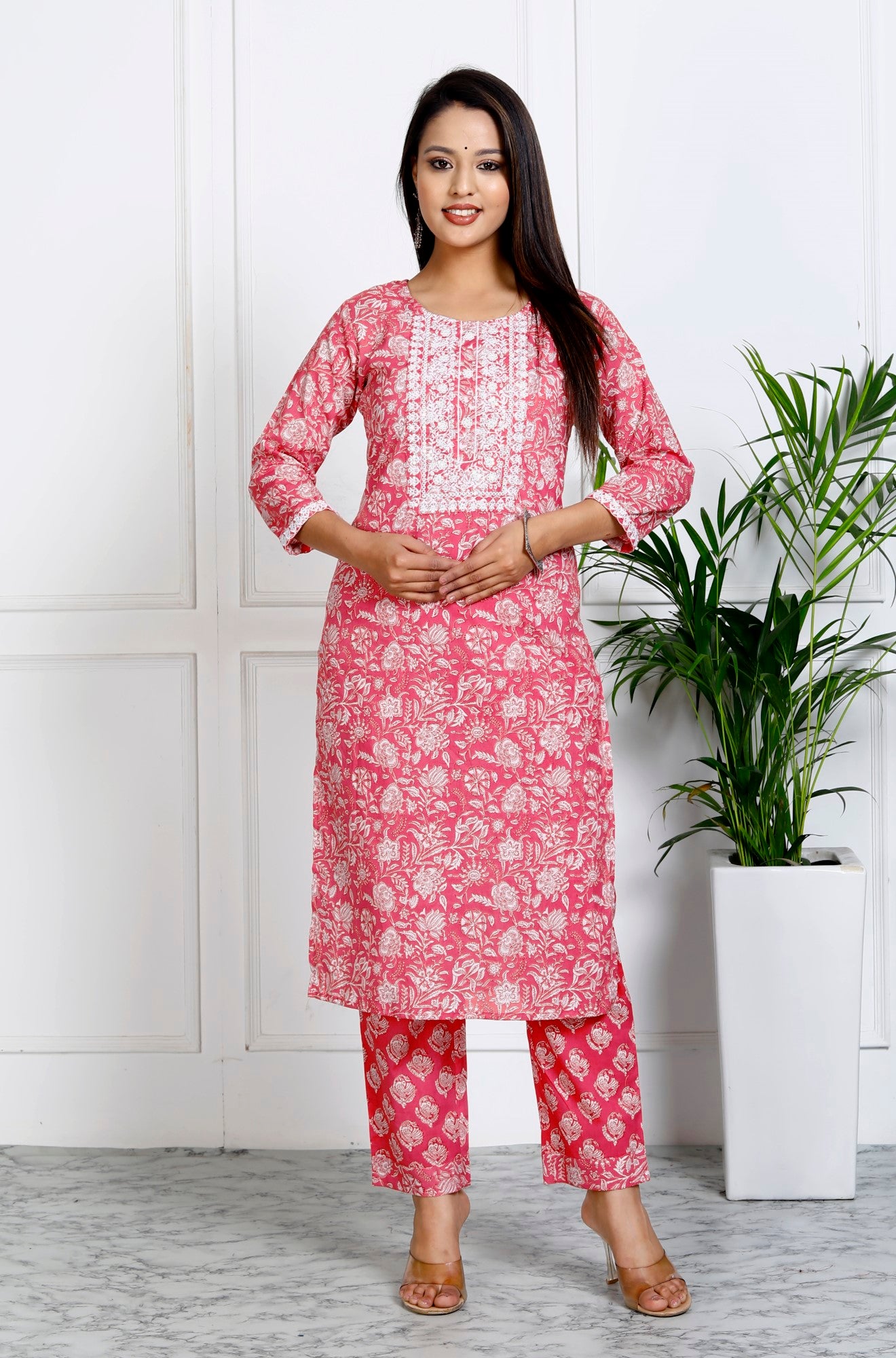 Pink Cotton Printed Embroidered Kurta Pant Set with Dupatta-1108