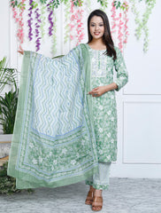 Green Cotton Printed Embroidered Kurta Pant Set with Dupatta-1113