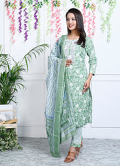 Green Cotton Printed Embroidered Kurta Pant Set with Dupatta-1113